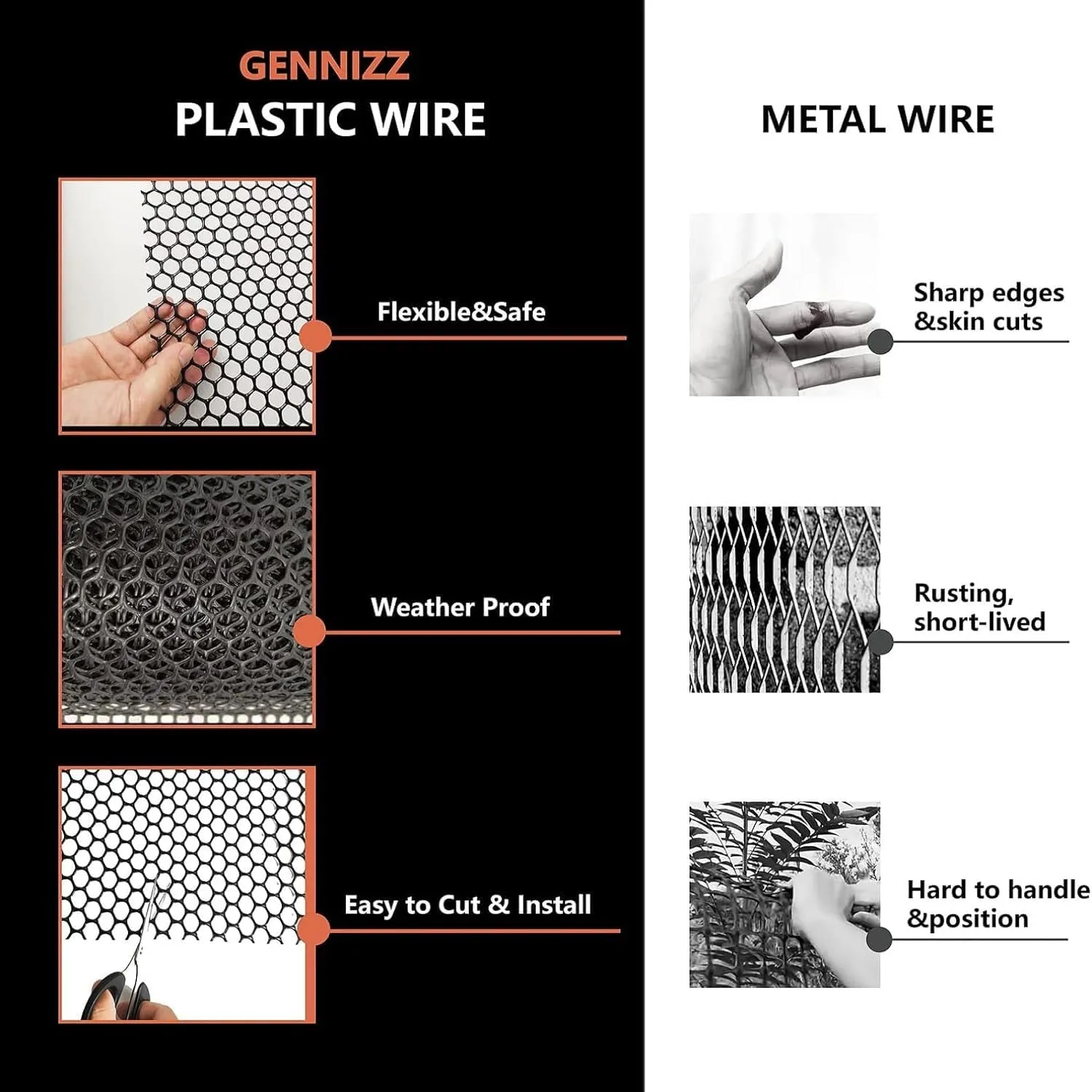 Black Plastic Wire Mesh Fence Roll, GENNIZZ 15.7IN x 50FT Plastic Chicken Wire Mesh Fencing Netting Barrier for Garden Chicken Puppy Rabbit