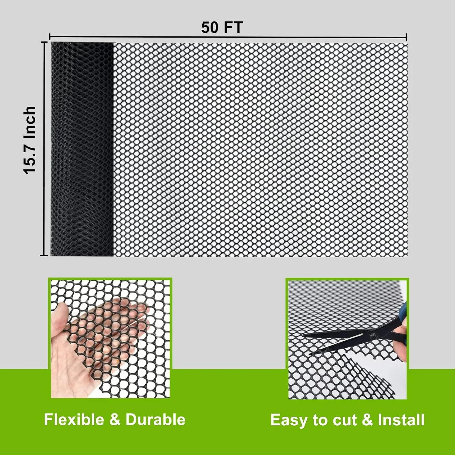 Black Plastic Wire Mesh Fence Roll, GENNIZZ 15.7IN x 50FT Plastic Chicken Wire Mesh Fencing Netting Barrier for Garden Chicken Puppy Rabbit