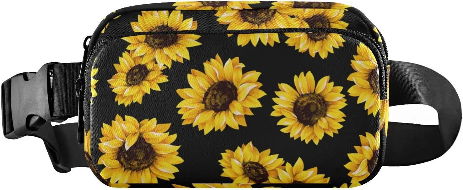 Black Sunflowers Fanny Pack for Women Men Crossbody Belt Bag Fashion Waist Packs Purse with Adjustable Strap Waist Pouch for Workout Travel Outdoors