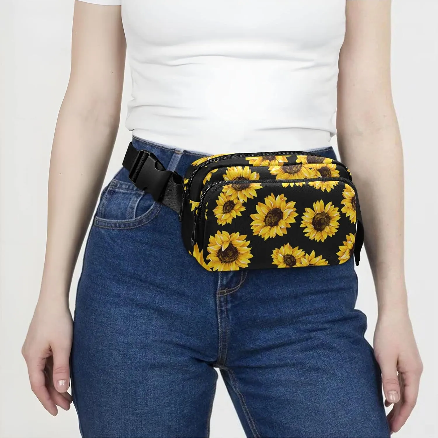Black Sunflowers Fanny Pack for Women Men Crossbody Belt Bag Fashion Waist Packs Purse with Adjustable Strap Waist Pouch for Workout Travel Outdoors