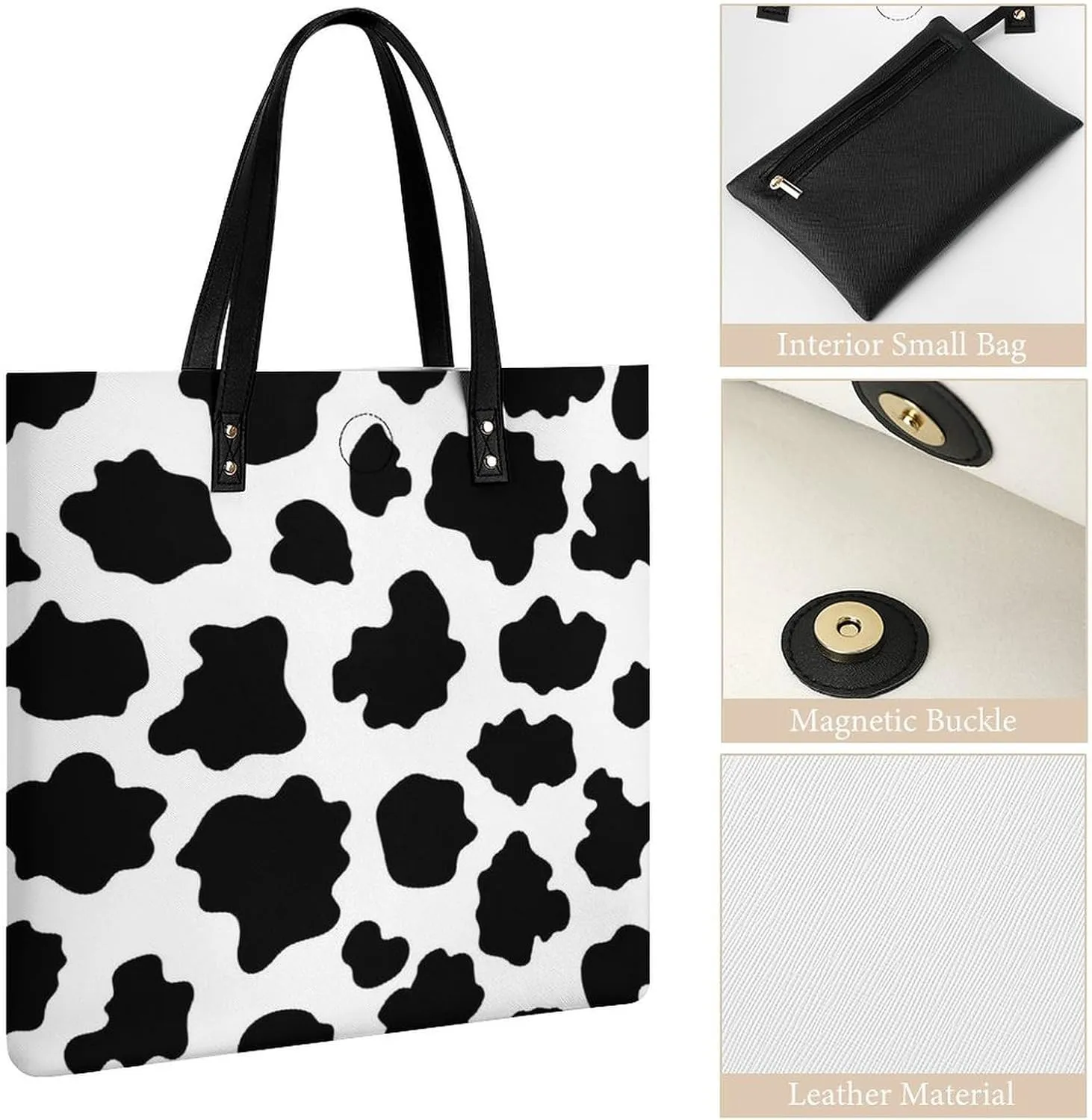 Black White Milk Cow Spots Print Pattern Leather Handbag with Large Space, Fashionable Handbag