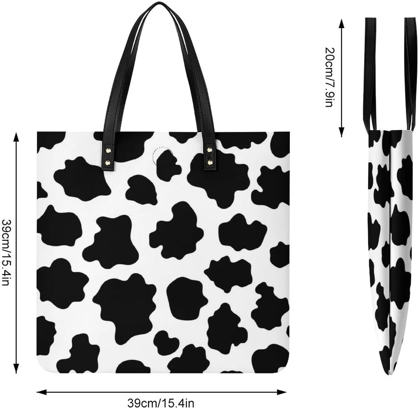 Black White Milk Cow Spots Print Pattern Leather Handbag with Large Space, Fashionable Handbag