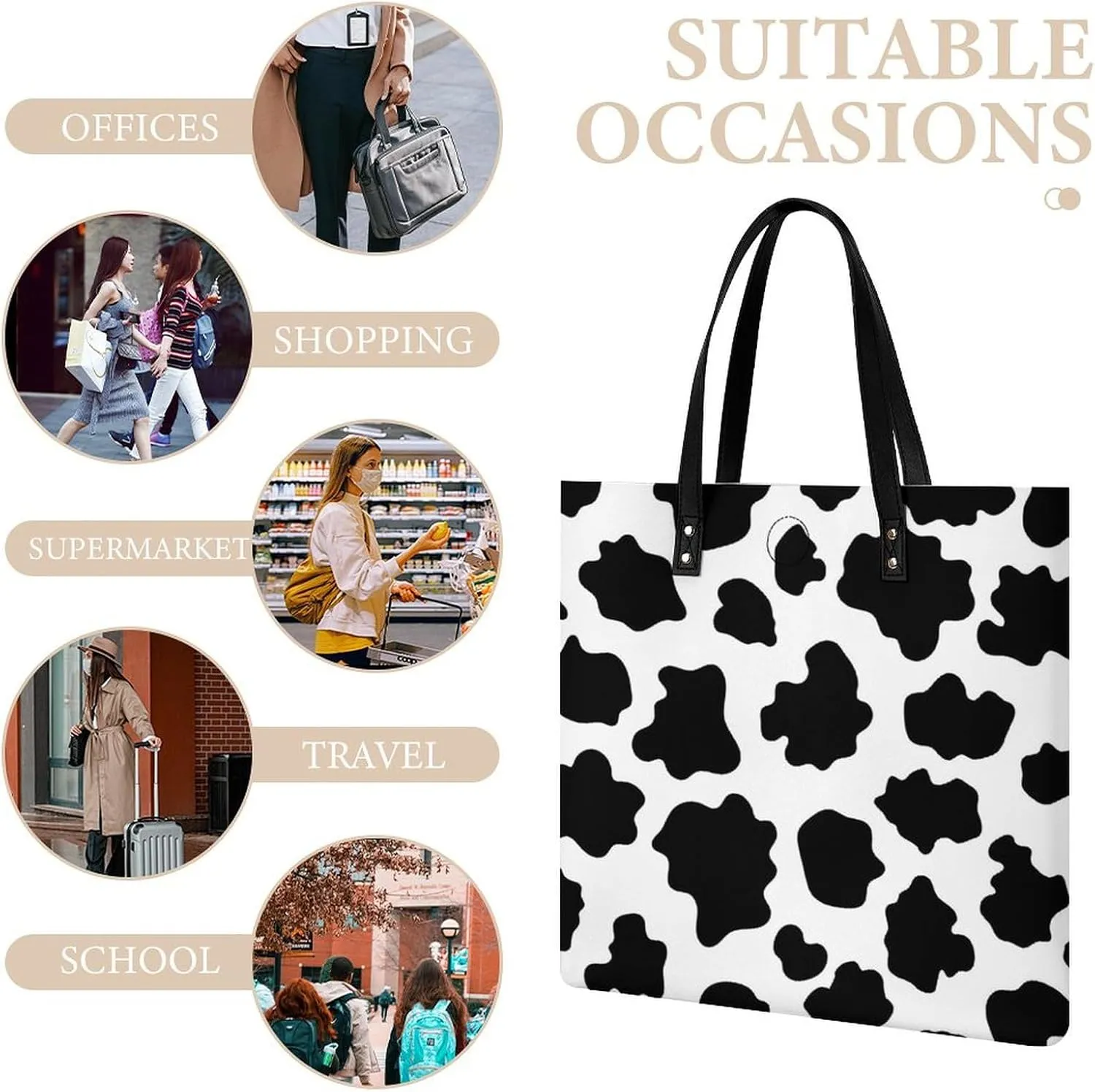 Black White Milk Cow Spots Print Pattern Leather Handbag with Large Space, Fashionable Handbag
