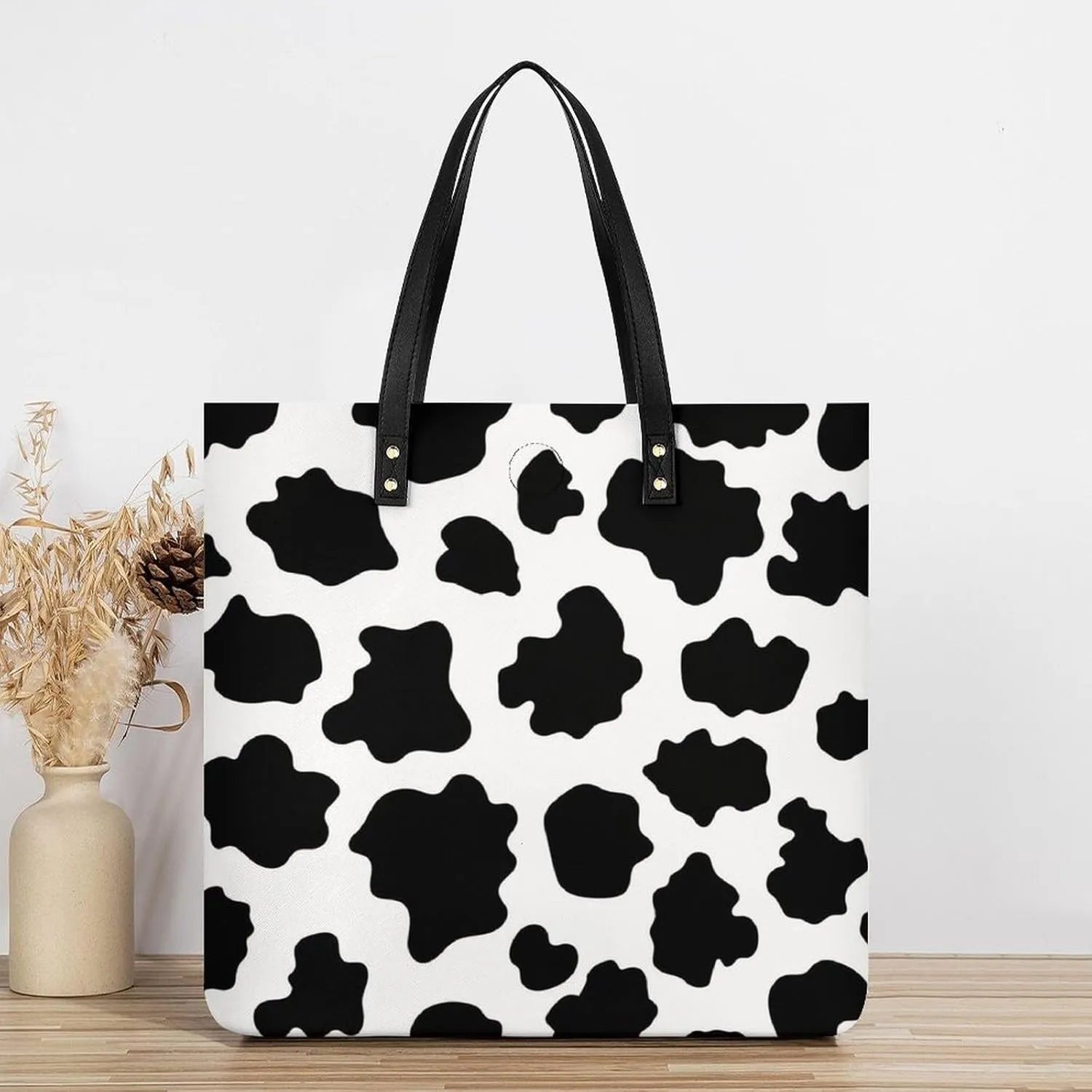 Black White Milk Cow Spots Print Pattern Leather Handbag with Large Space, Fashionable Handbag