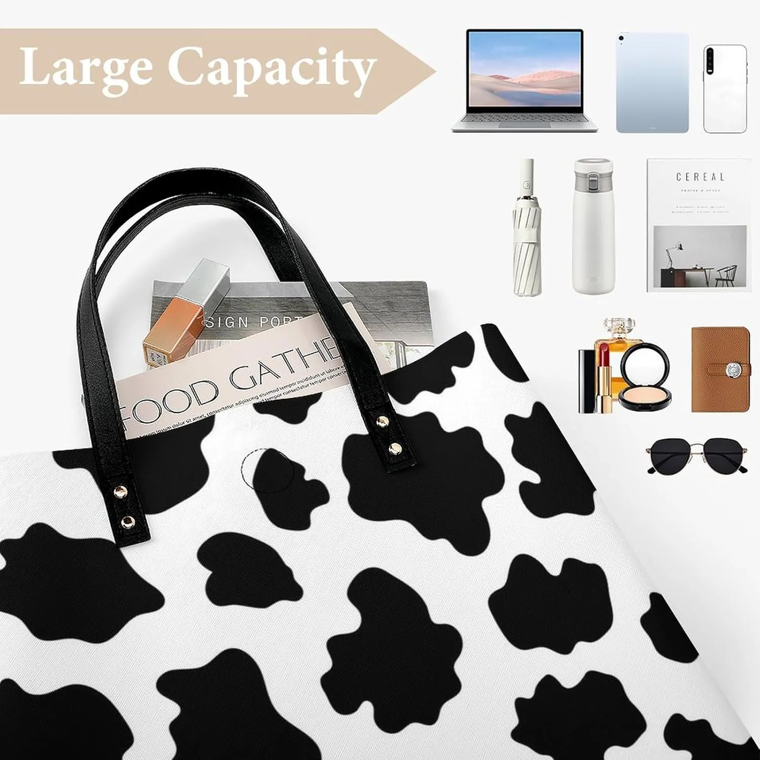 Black White Milk Cow Spots Print Pattern Leather Handbag with Large Space, Fashionable Handbag