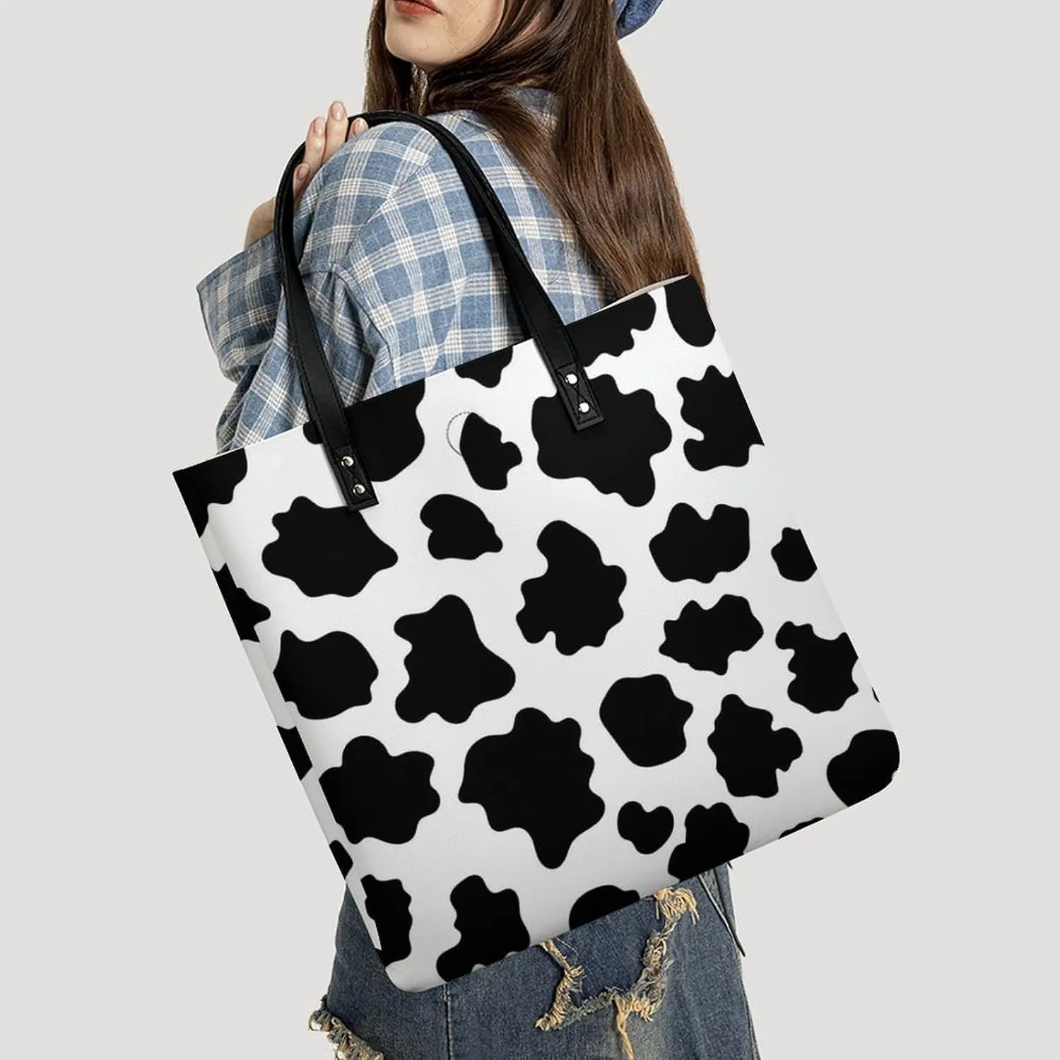 Black White Milk Cow Spots Print Pattern Leather Handbag with Large Space, Fashionable Handbag