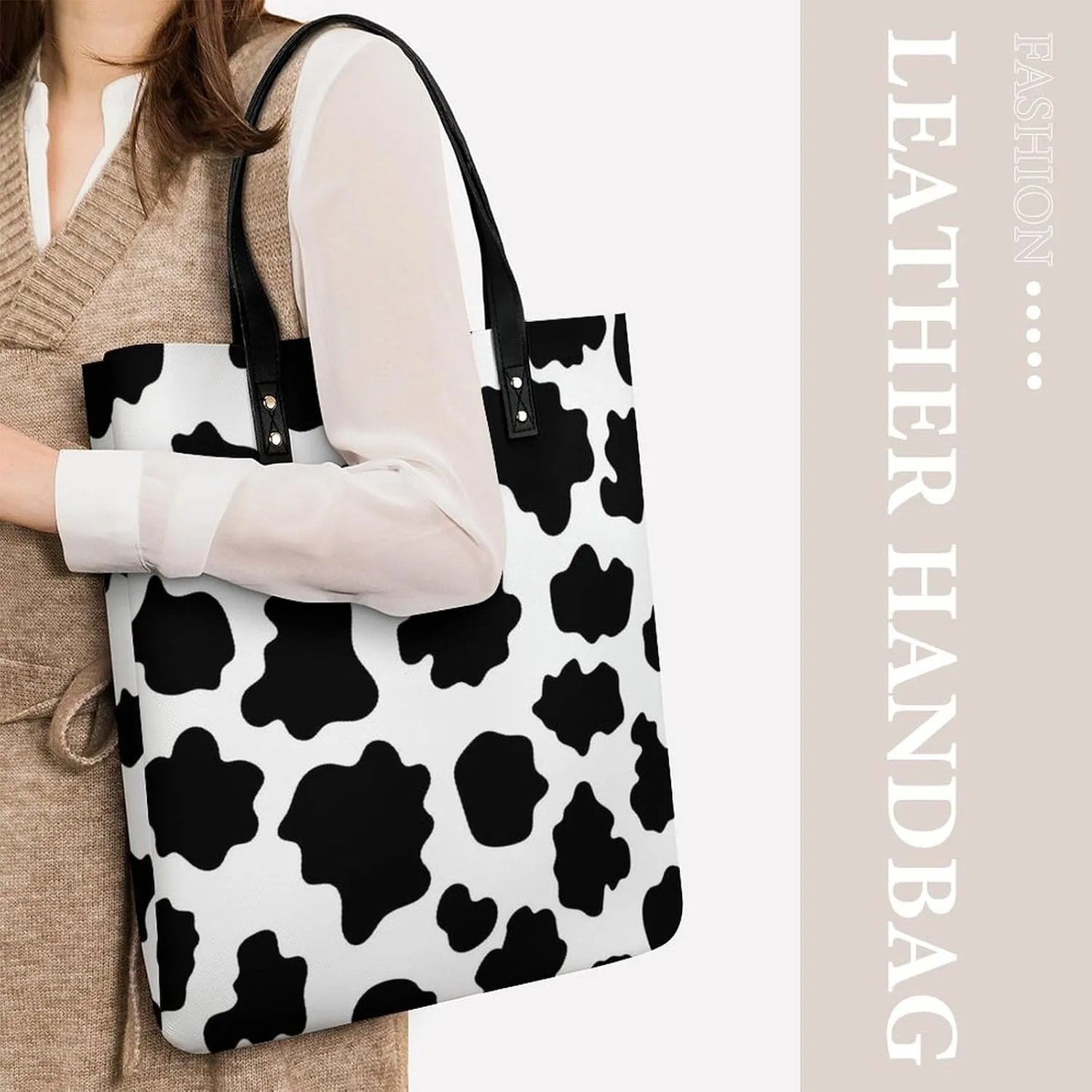 Black White Milk Cow Spots Print Pattern Leather Handbag with Large Space, Fashionable Handbag