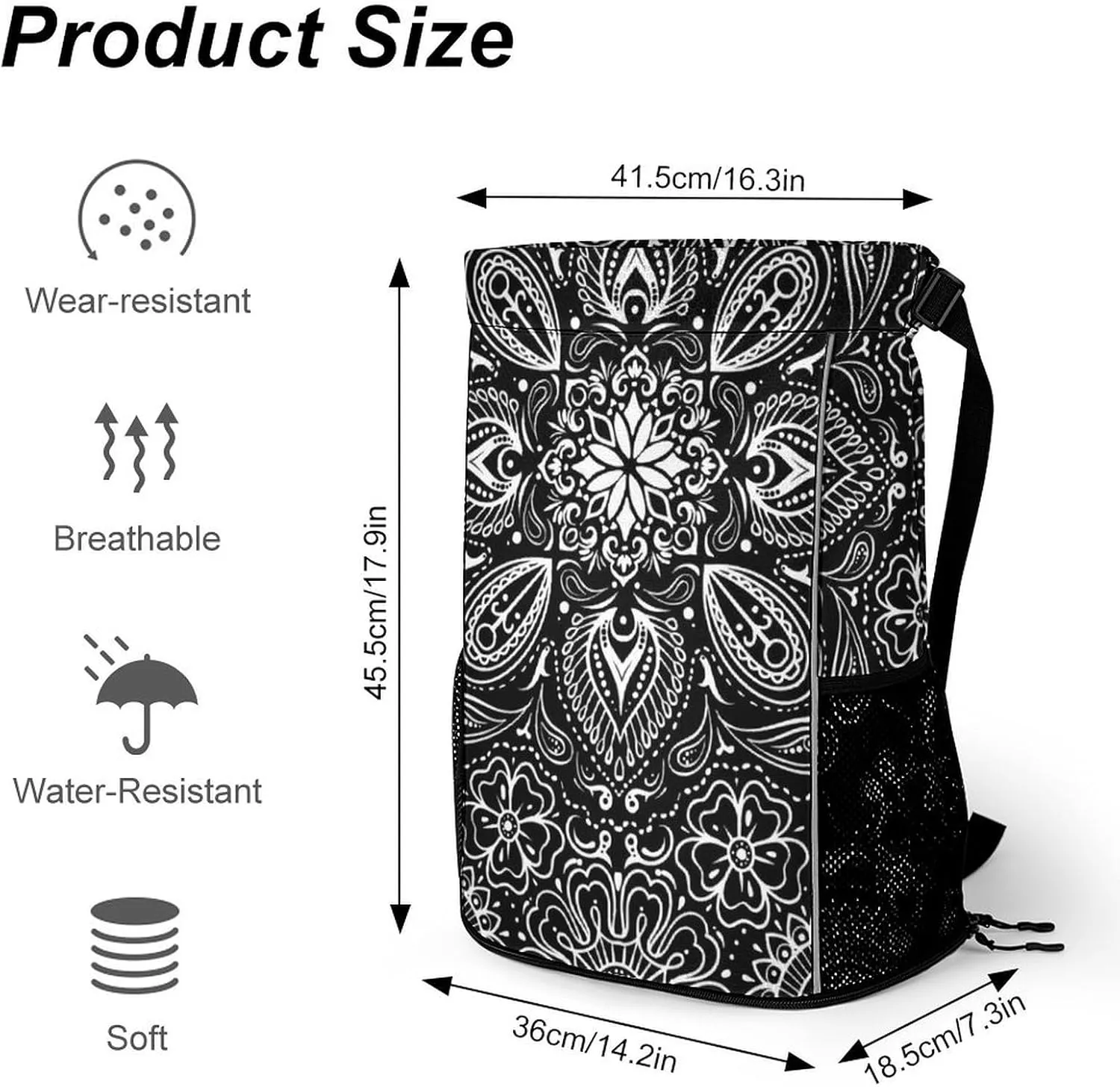 Black White Paisley Sports Bundle Pocket Wet Dry Separation Backpack