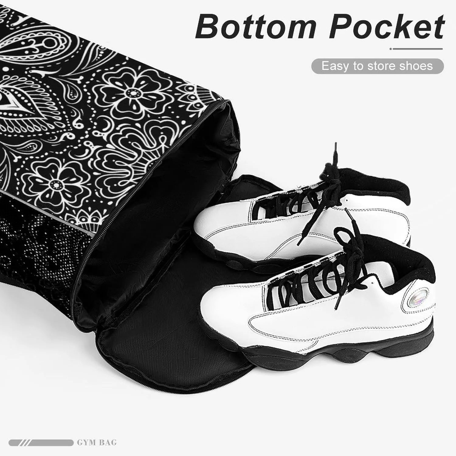 Black White Paisley Sports Bundle Pocket Wet Dry Separation Backpack