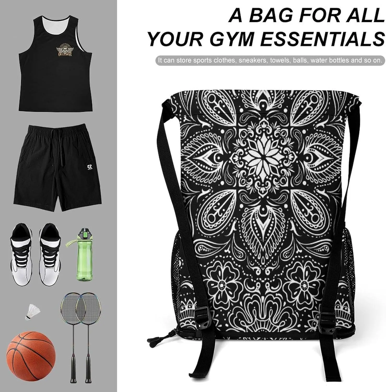 Black White Paisley Sports Bundle Pocket Wet Dry Separation Backpack