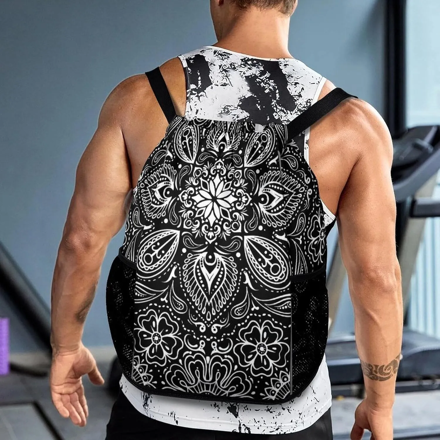 Black White Paisley Sports Bundle Pocket Wet Dry Separation Backpack