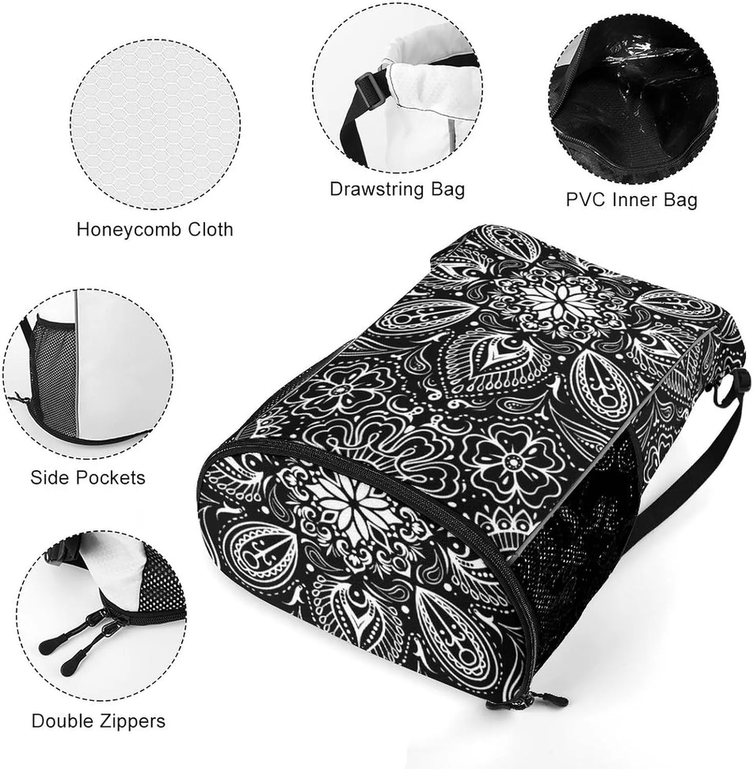 Black White Paisley Sports Bundle Pocket Wet Dry Separation Backpack