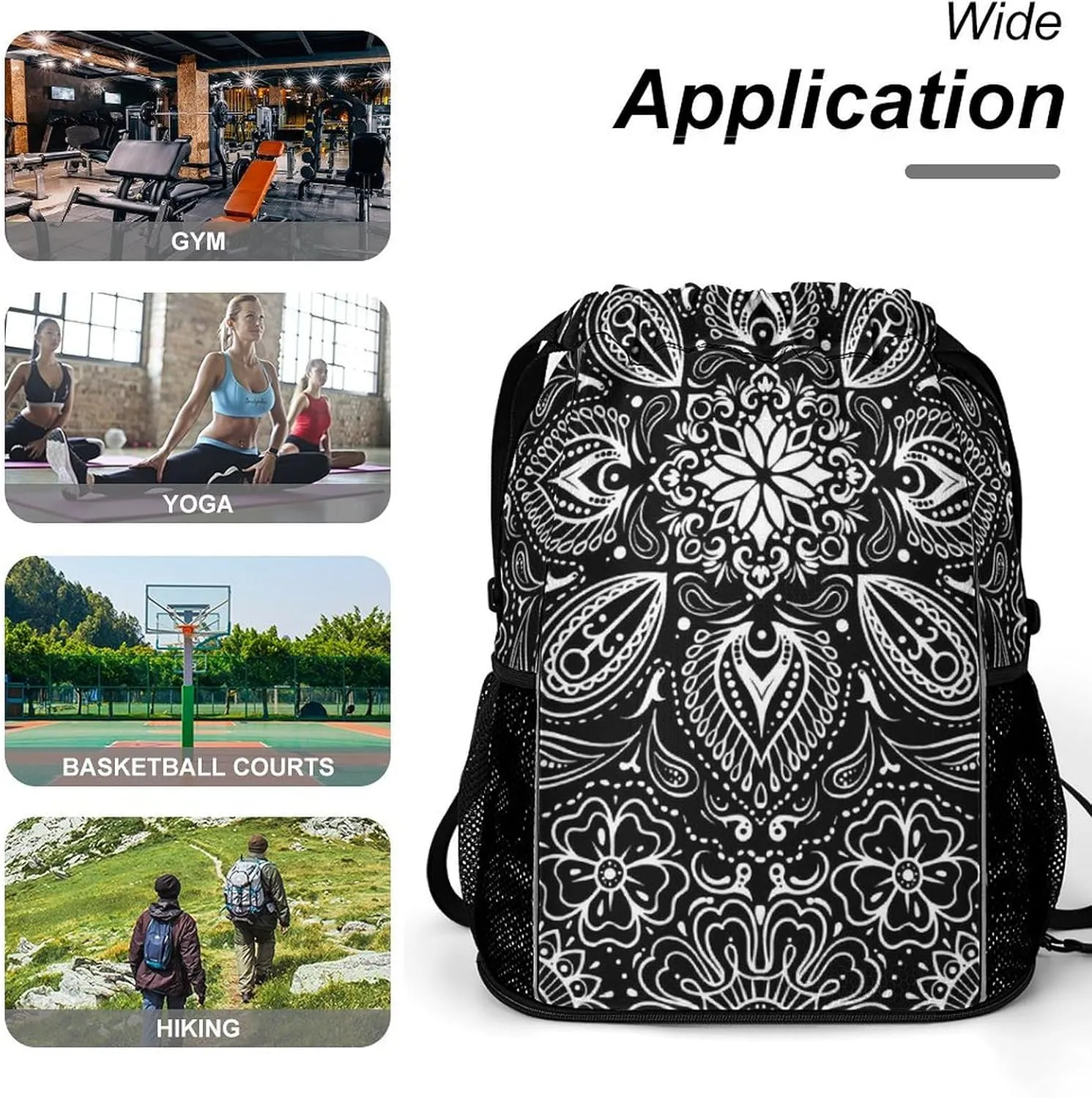 Black White Paisley Sports Bundle Pocket Wet Dry Separation Backpack