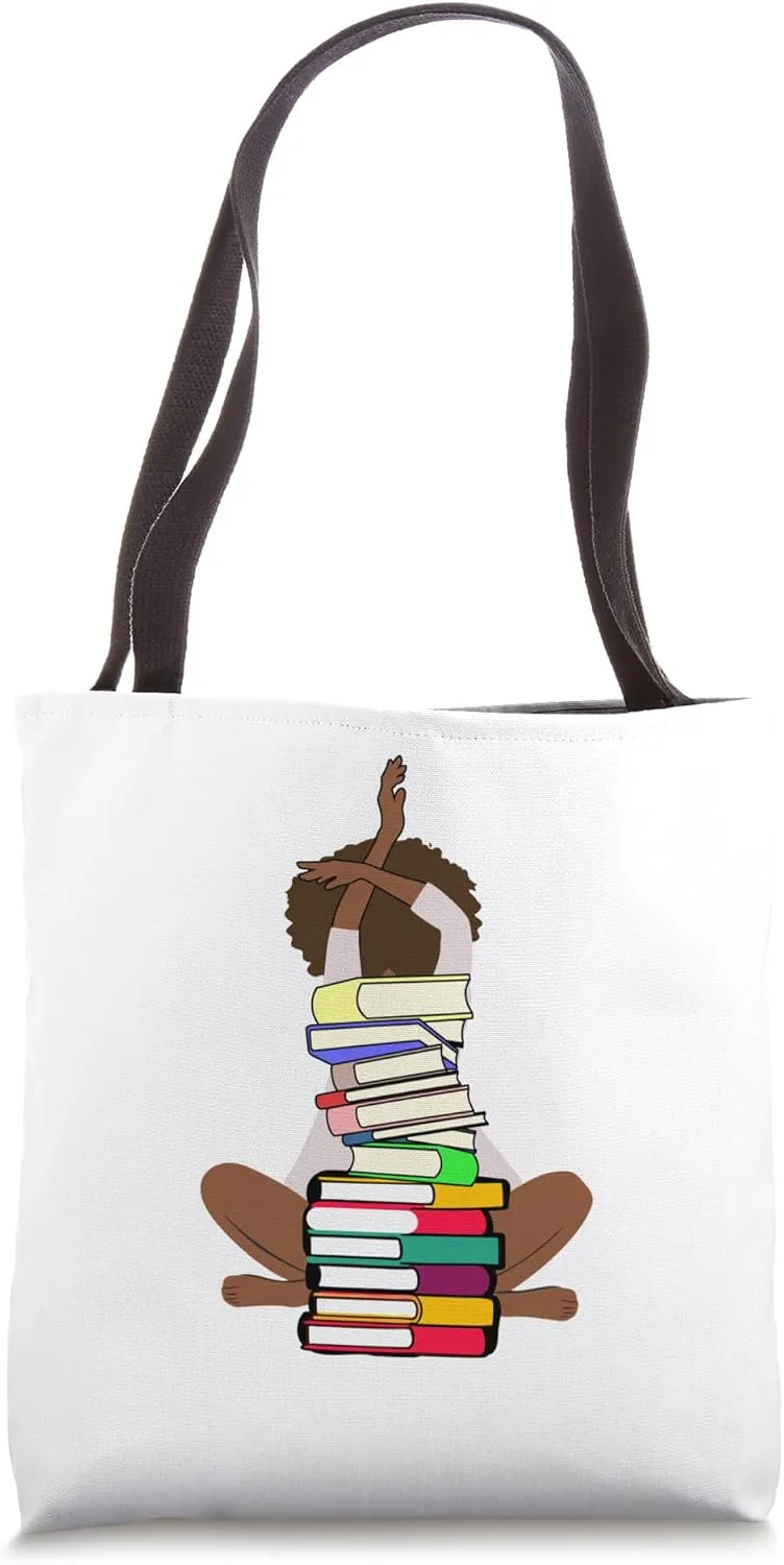Black Woman Reader with Book-Stack – Afro Girl Book Lover Tote Bag