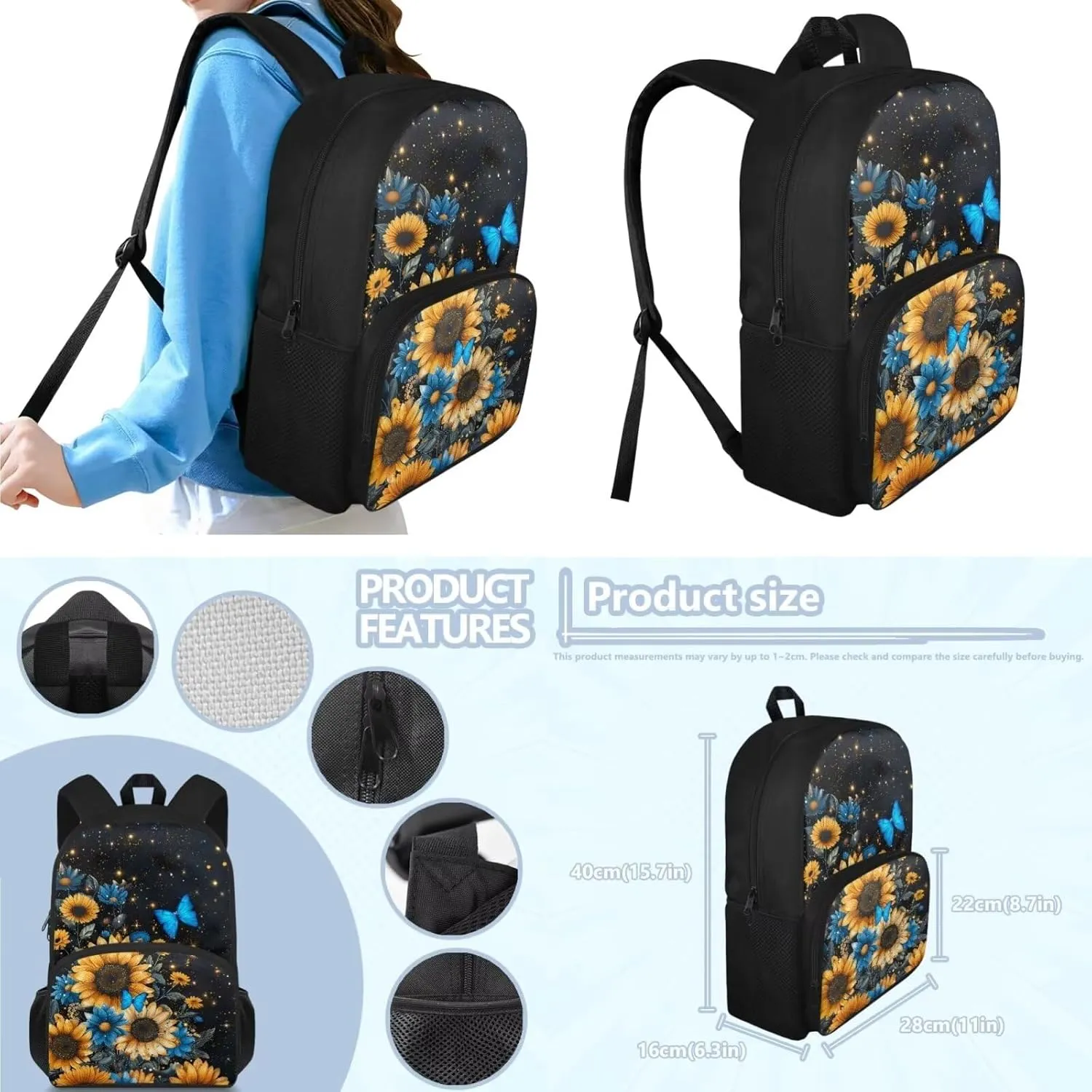 Blue Butterfly Girls Travel Backpack Sunflower School Bags for Girls with Lunch Bag Travel Backpack Kids Lunch Boxes for Snacks Drinks Insulated Lightweight Pencil Box Cute