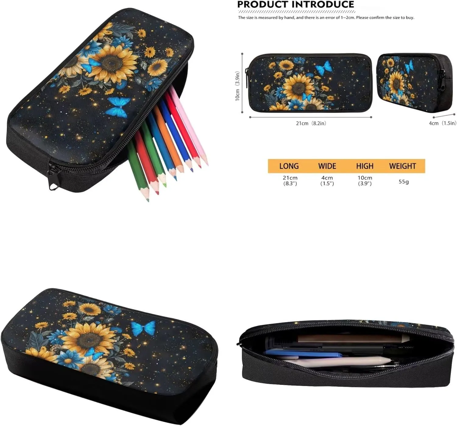 Blue Butterfly Girls Travel Backpack Sunflower School Bags for Girls with Lunch Bag Travel Backpack Kids Lunch Boxes for Snacks Drinks Insulated Lightweight Pencil Box Cute