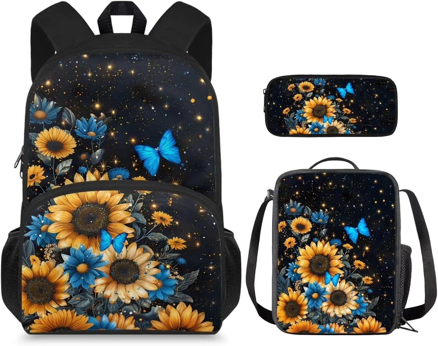 Blue Butterfly Girls Travel Backpack Sunflower School Bags for Girls with Lunch Bag Travel Backpack Kids Lunch Boxes for Snacks Drinks Insulated Lightweight Pencil Box Cute