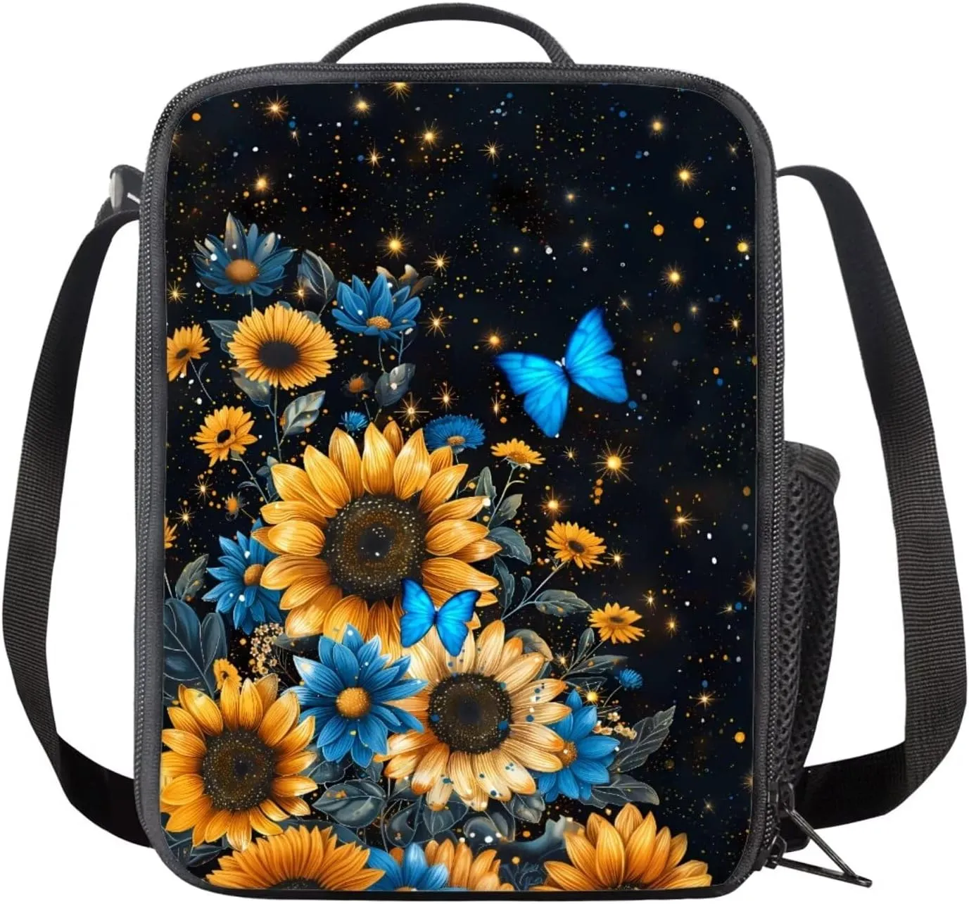 Blue Butterfly Girls Travel Backpack Sunflower School Bags for Girls with Lunch Bag Travel Backpack Kids Lunch Boxes for Snacks Drinks Insulated Lightweight Pencil Box Cute