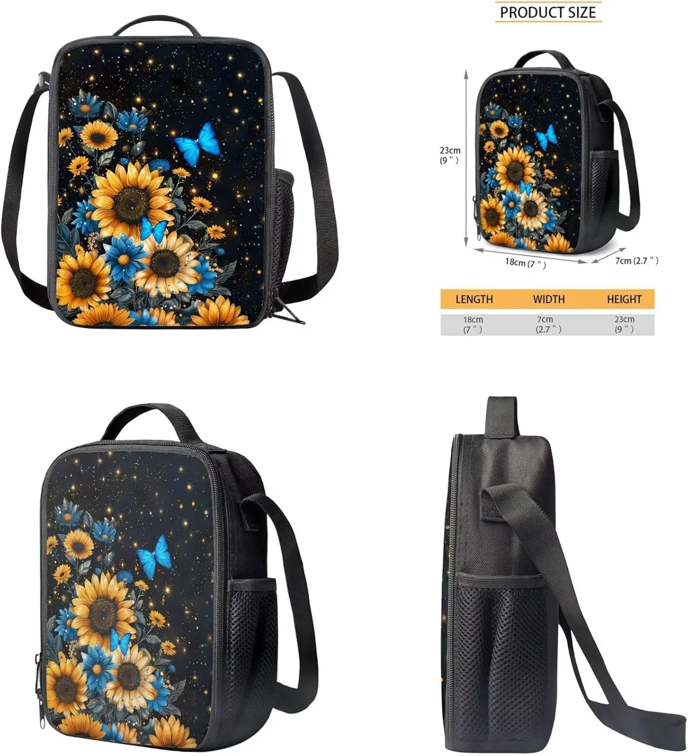 Blue Butterfly Girls Travel Backpack Sunflower School Bags for Girls with Lunch Bag Travel Backpack Kids Lunch Boxes for Snacks Drinks Insulated Lightweight Pencil Box Cute