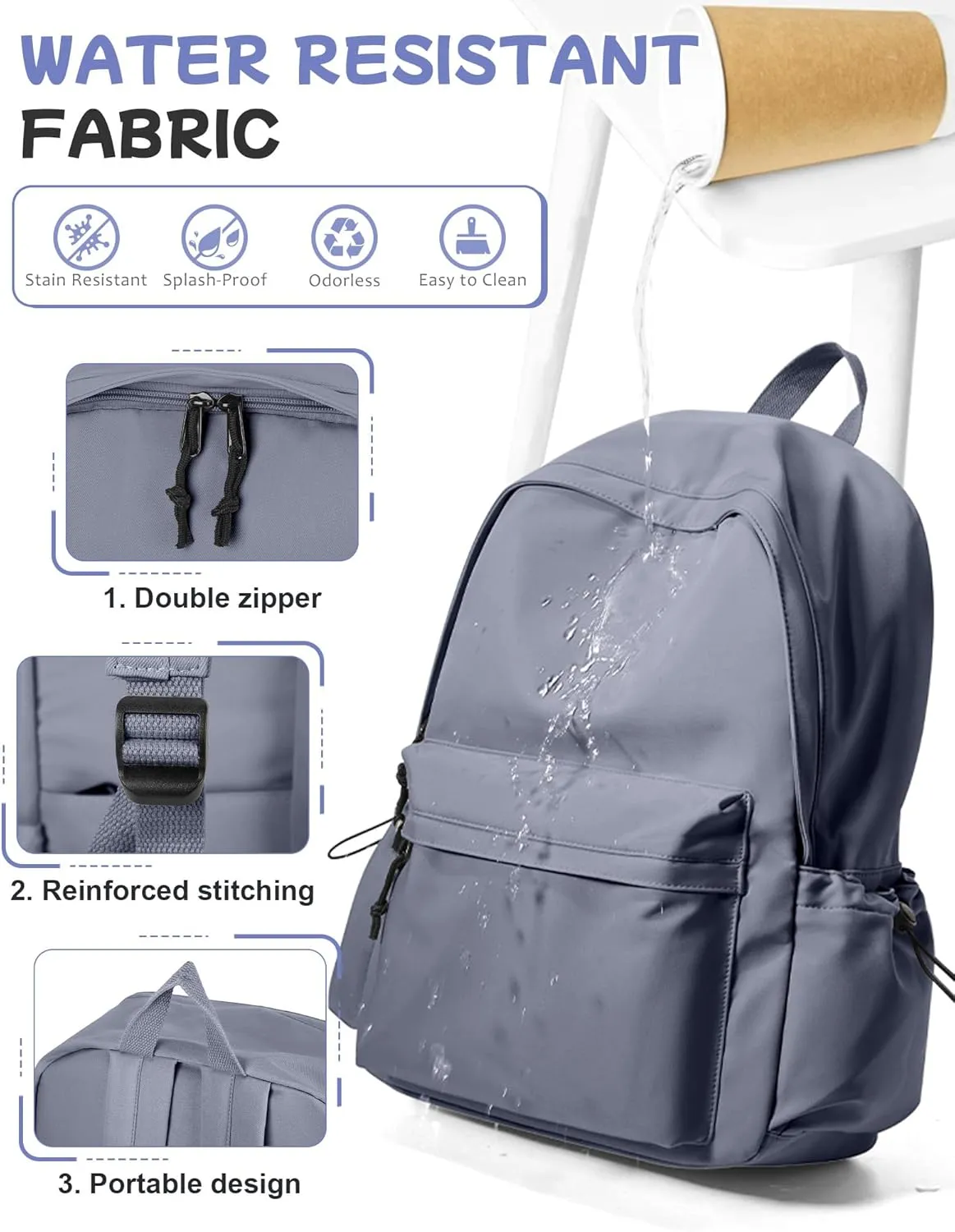 Blue Classic Basic Backpack for Women, Waterproof High School Bookbag, Lightweight Casual Travel Daypack, College Backpack Men, Middle School Bag for Girls Boys