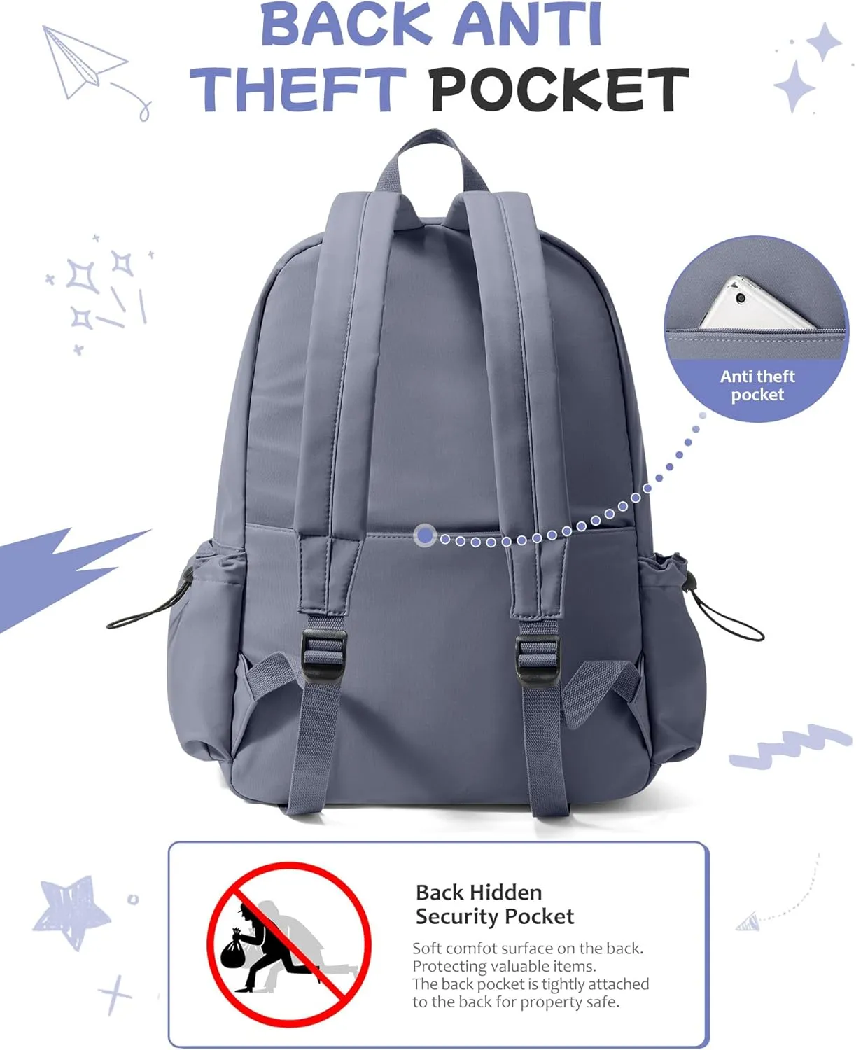 Blue Classic Basic Backpack for Women, Waterproof High School Bookbag, Lightweight Casual Travel Daypack, College Backpack Men, Middle School Bag for Girls Boys