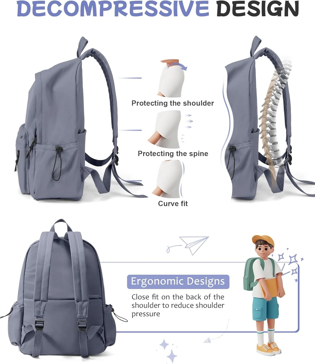 Blue Classic Basic Backpack for Women, Waterproof High School Bookbag, Lightweight Casual Travel Daypack, College Backpack Men, Middle School Bag for Girls Boys