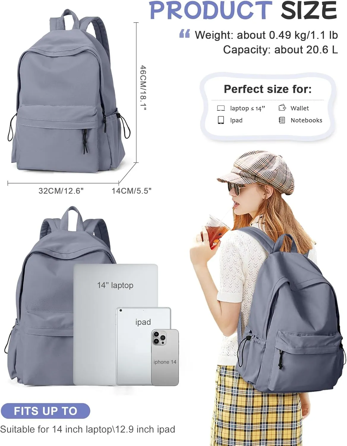Blue Classic Basic Backpack for Women, Waterproof High School Bookbag, Lightweight Casual Travel Daypack, College Backpack Men, Middle School Bag for Girls Boys