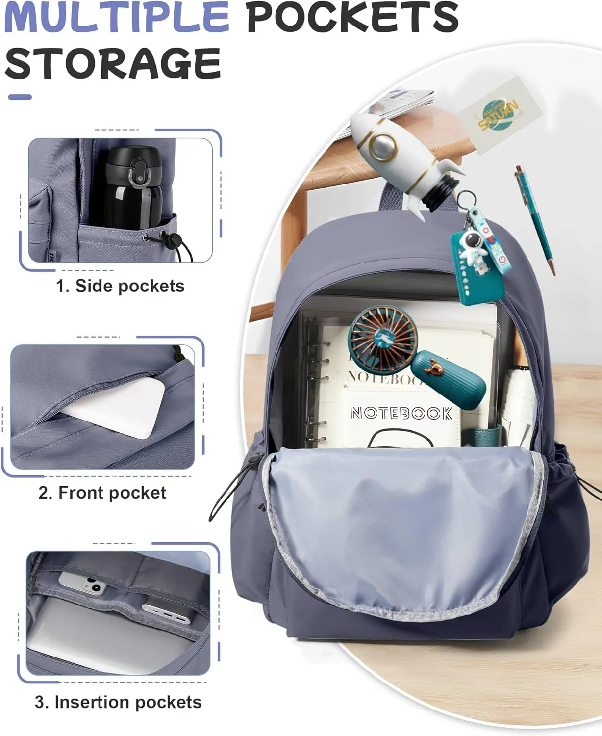 Blue Classic Basic Backpack for Women, Waterproof High School Bookbag, Lightweight Casual Travel Daypack, College Backpack Men, Middle School Bag for Girls Boys