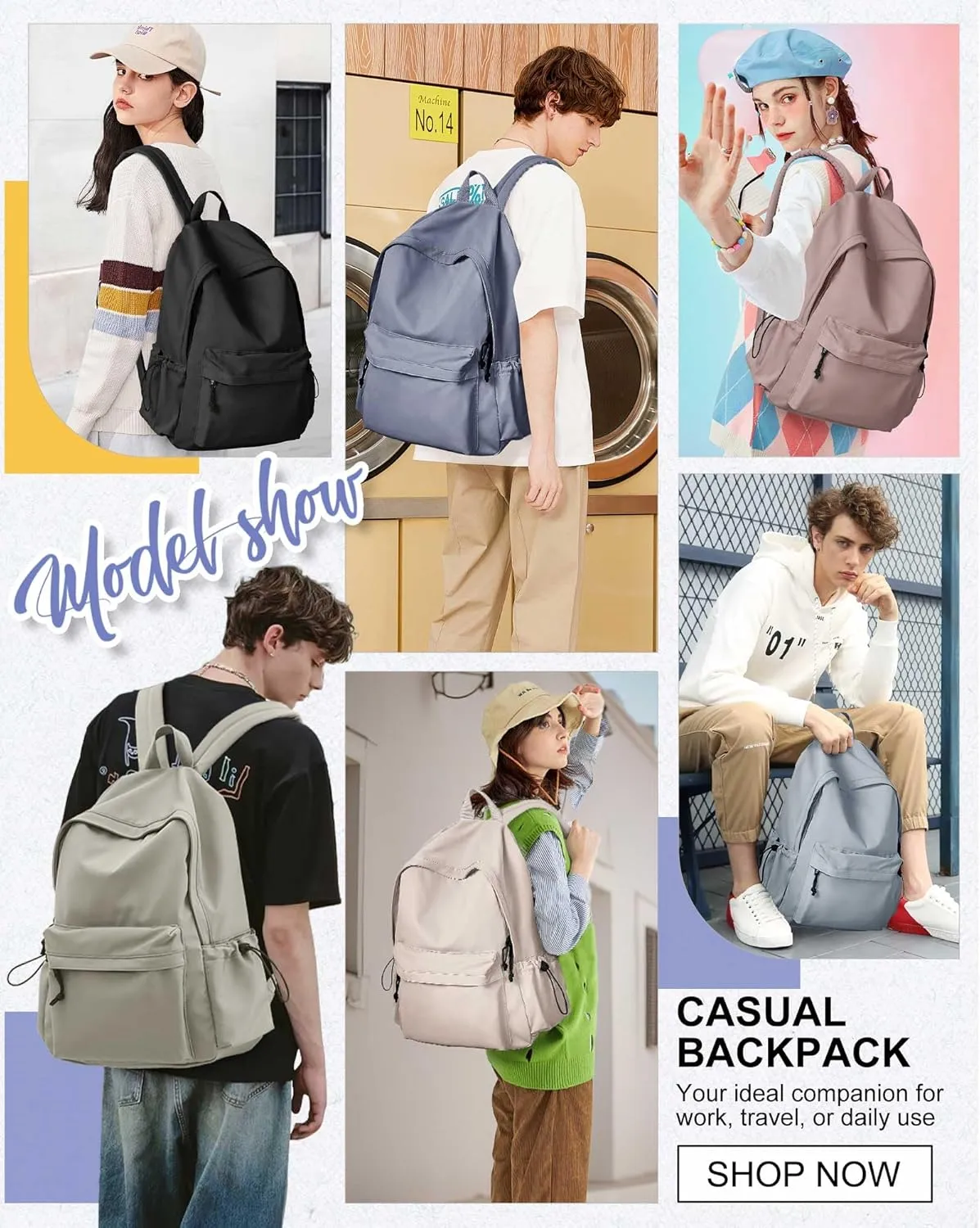 Blue Classic Basic Backpack for Women, Waterproof High School Bookbag, Lightweight Casual Travel Daypack, College Backpack Men, Middle School Bag for Girls Boys