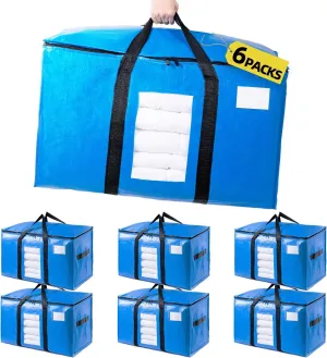 Blue Extra Large Moving Bags 6 Packs, Heavy Duty Storage Bags with Zipper & Wrap Handles, Collapsible Storage Totes with Tag Pocket for Home & Dorm