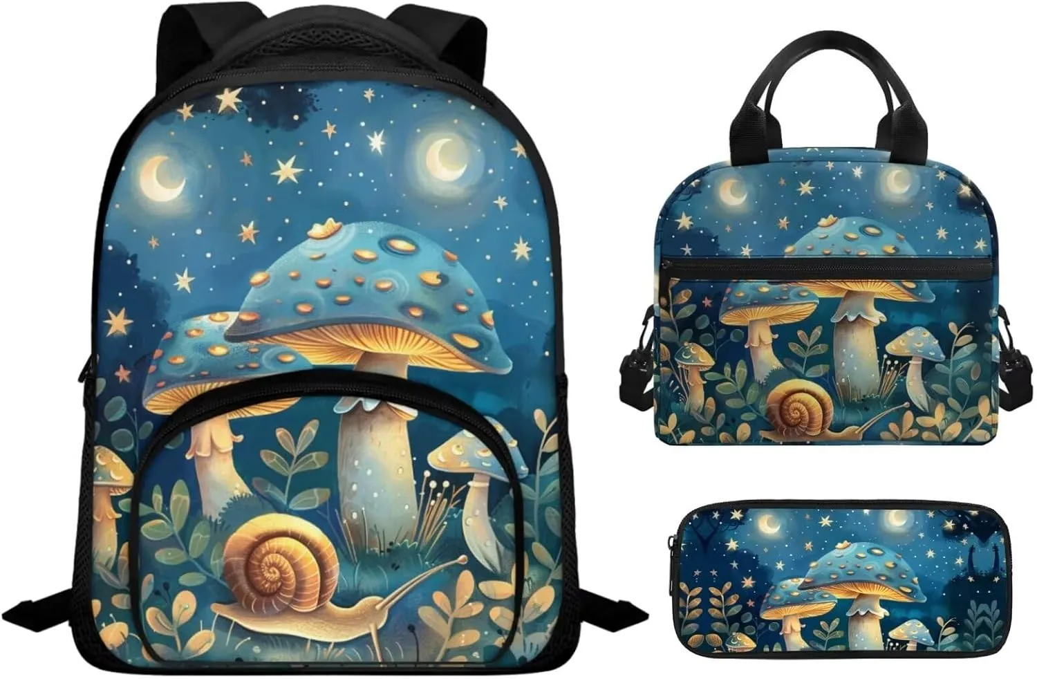 Blue Mushroom Kids Travel Backpack Snail Bookbag Set with Lunch Bag and Pencil Case Moon Book Bag for Girls Boys Book Bags for Kids Bag for Shopping Vacation Trip