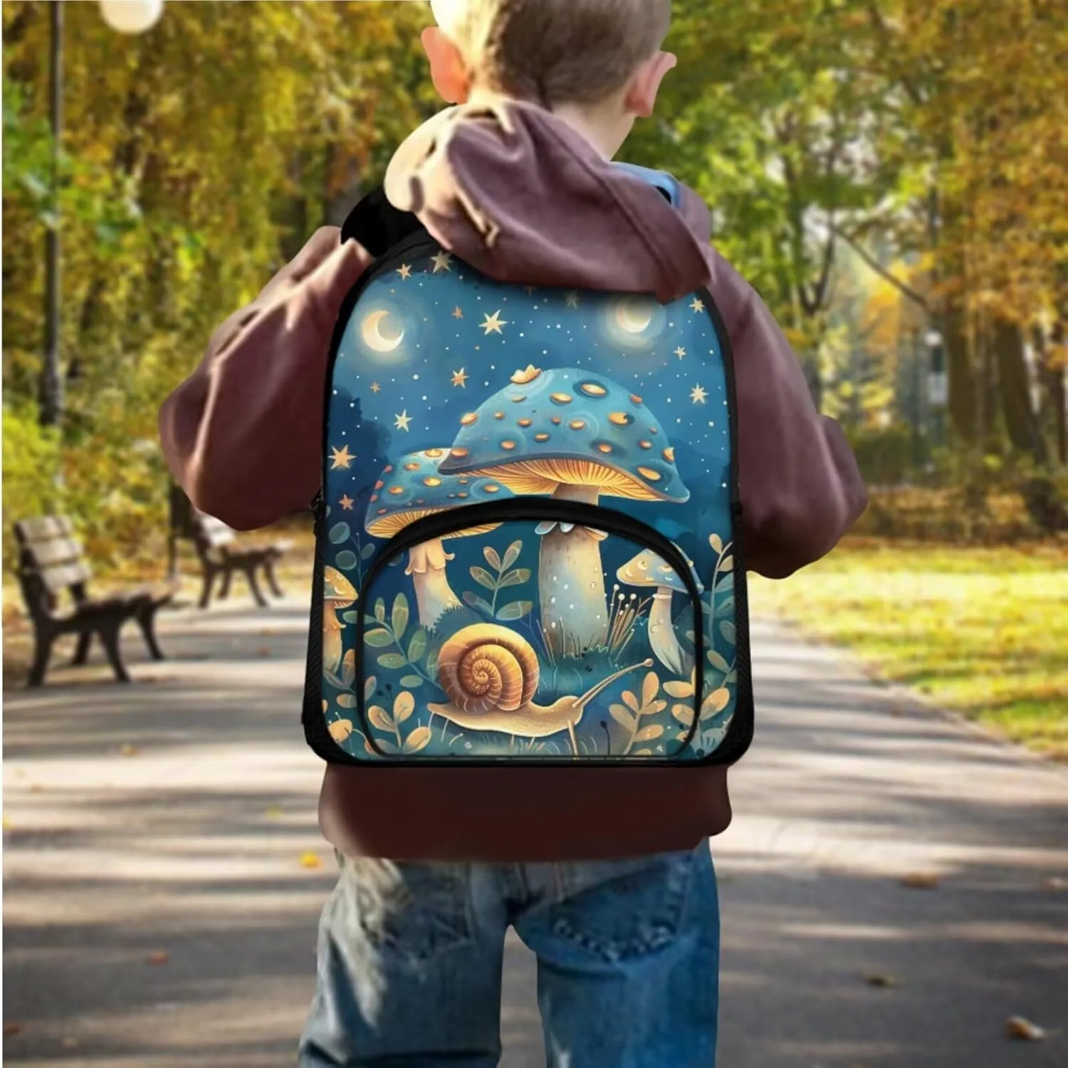 Blue Mushroom Kids Travel Backpack Snail Bookbag Set with Lunch Bag and Pencil Case Moon Book Bag for Girls Boys Book Bags for Kids Bag for Shopping Vacation Trip