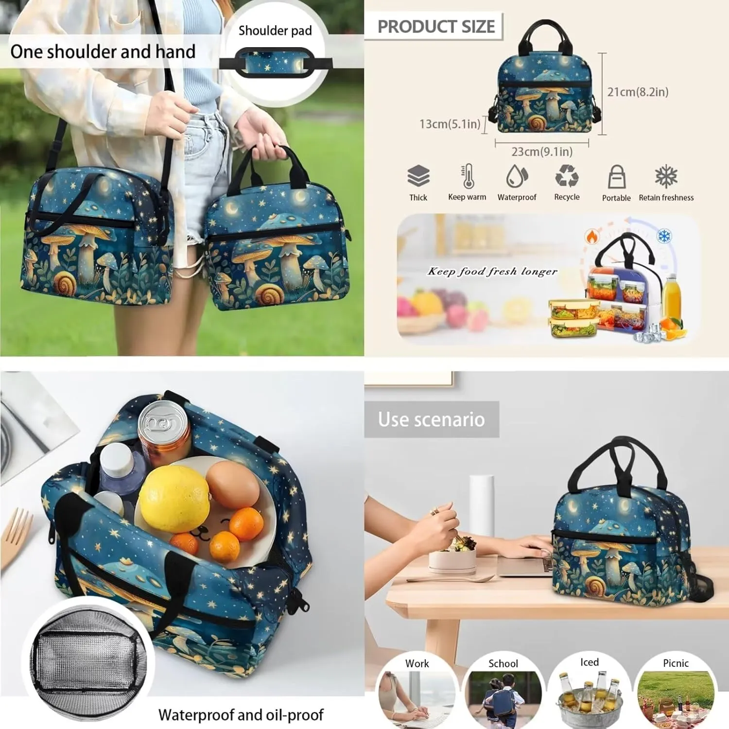 Blue Mushroom Kids Travel Backpack Snail Bookbag Set with Lunch Bag and Pencil Case Moon Book Bag for Girls Boys Book Bags for Kids Bag for Shopping Vacation Trip