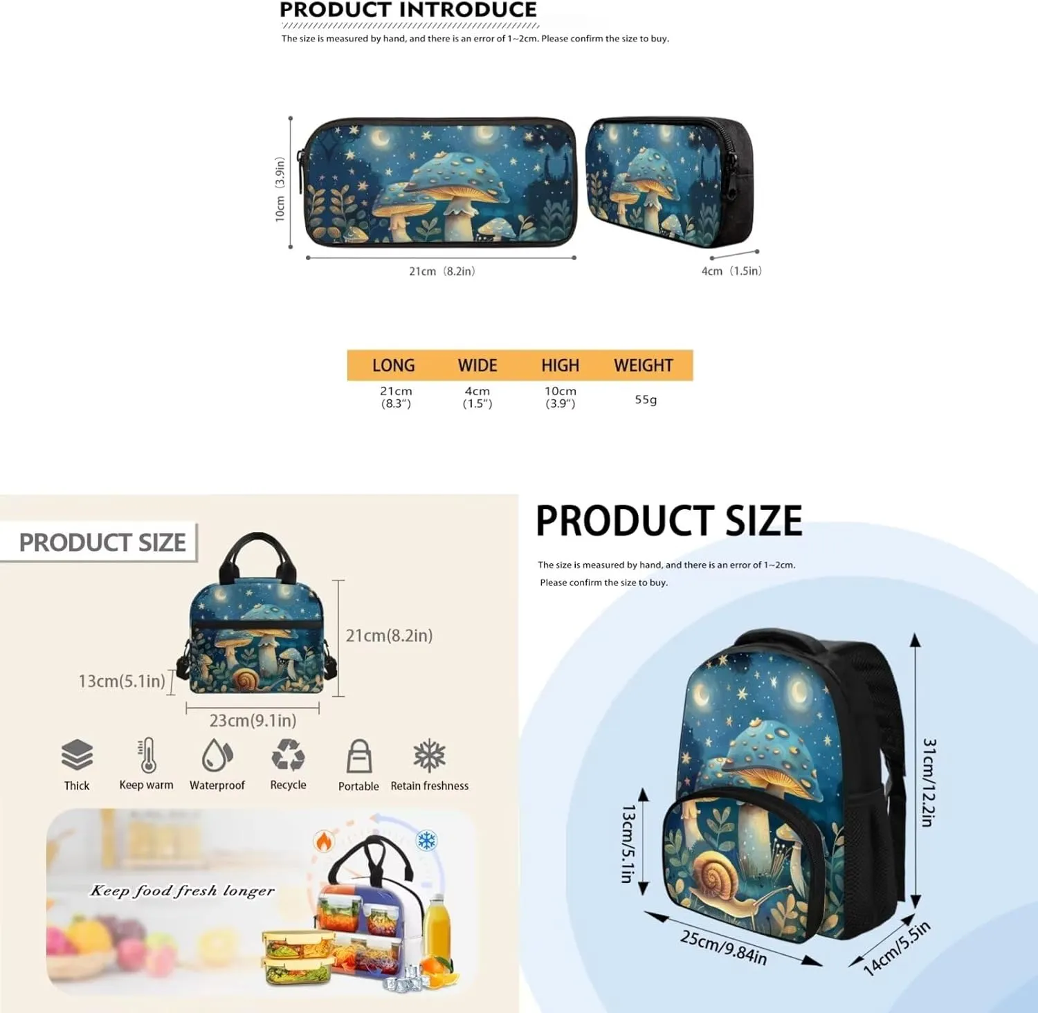 Blue Mushroom Kids Travel Backpack Snail Bookbag Set with Lunch Bag and Pencil Case Moon Book Bag for Girls Boys Book Bags for Kids Bag for Shopping Vacation Trip