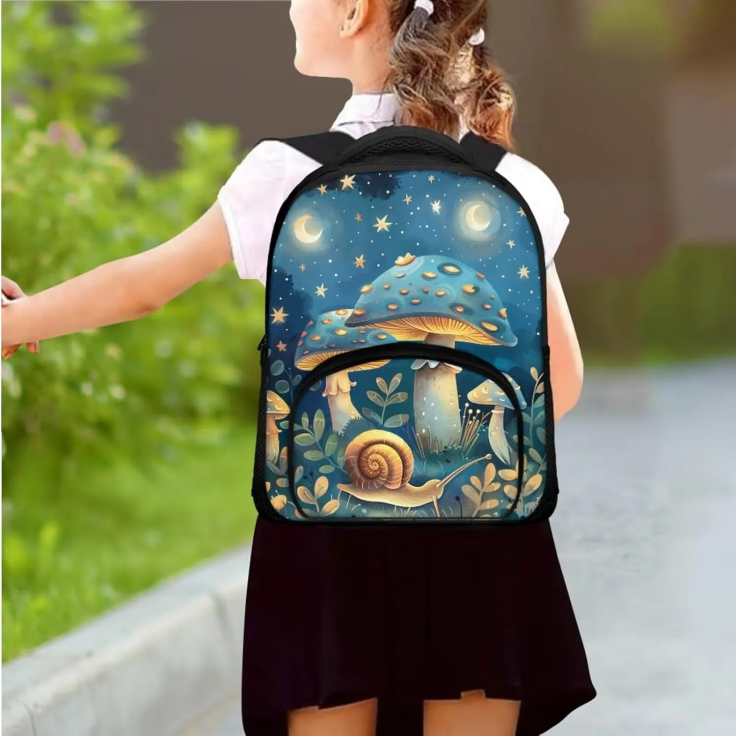 Blue Mushroom Kids Travel Backpack Snail Bookbag Set with Lunch Bag and Pencil Case Moon Book Bag for Girls Boys Book Bags for Kids Bag for Shopping Vacation Trip