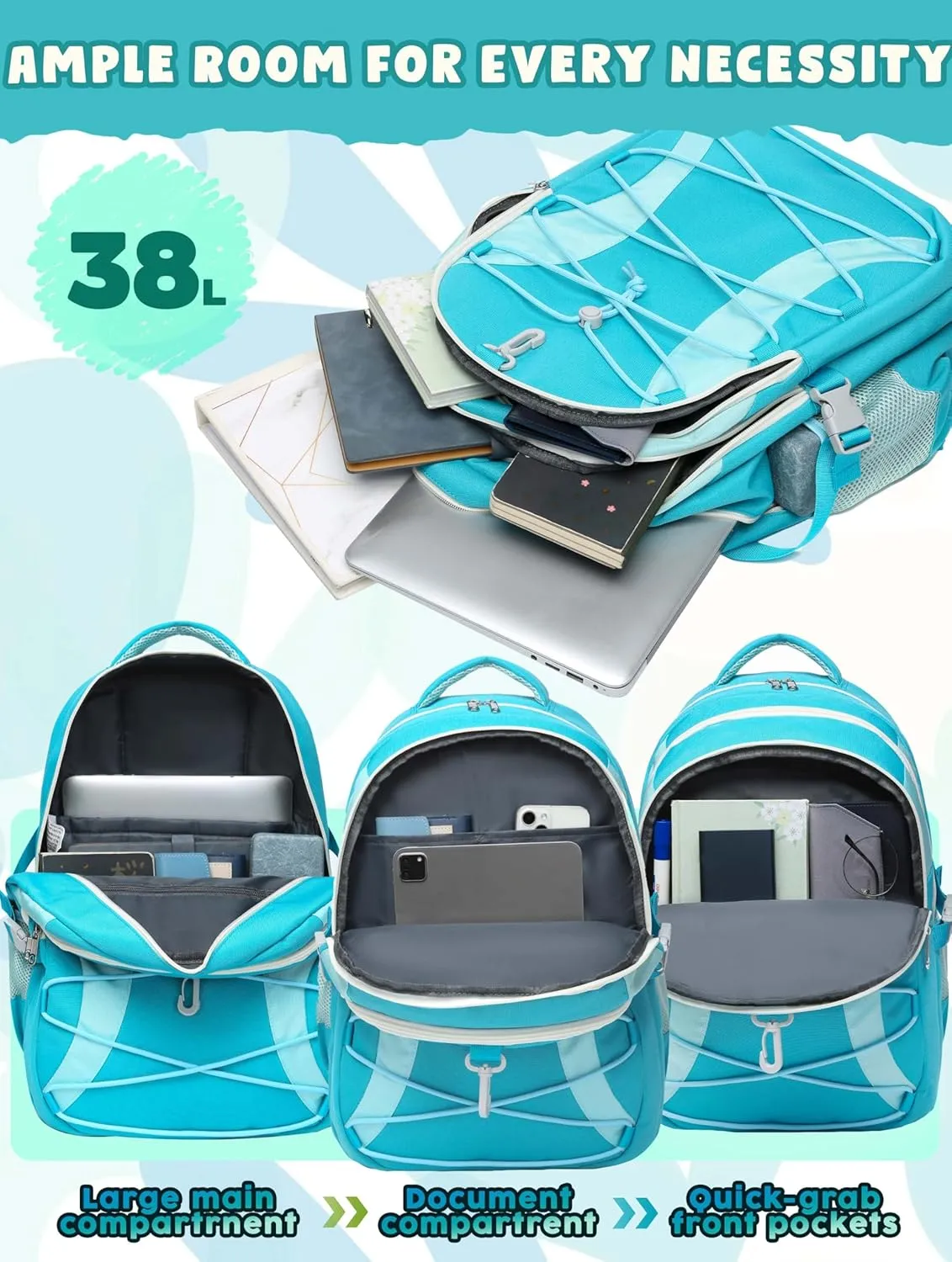 BLUEFAIRY Middle High School Backpack for Boys Girls Large Bookbag with Laptop Compartment Back to School Book Bags for Teens Teenagers Mochilas Escolares para Niños Niñas (Blue/Light Blue, Solid)