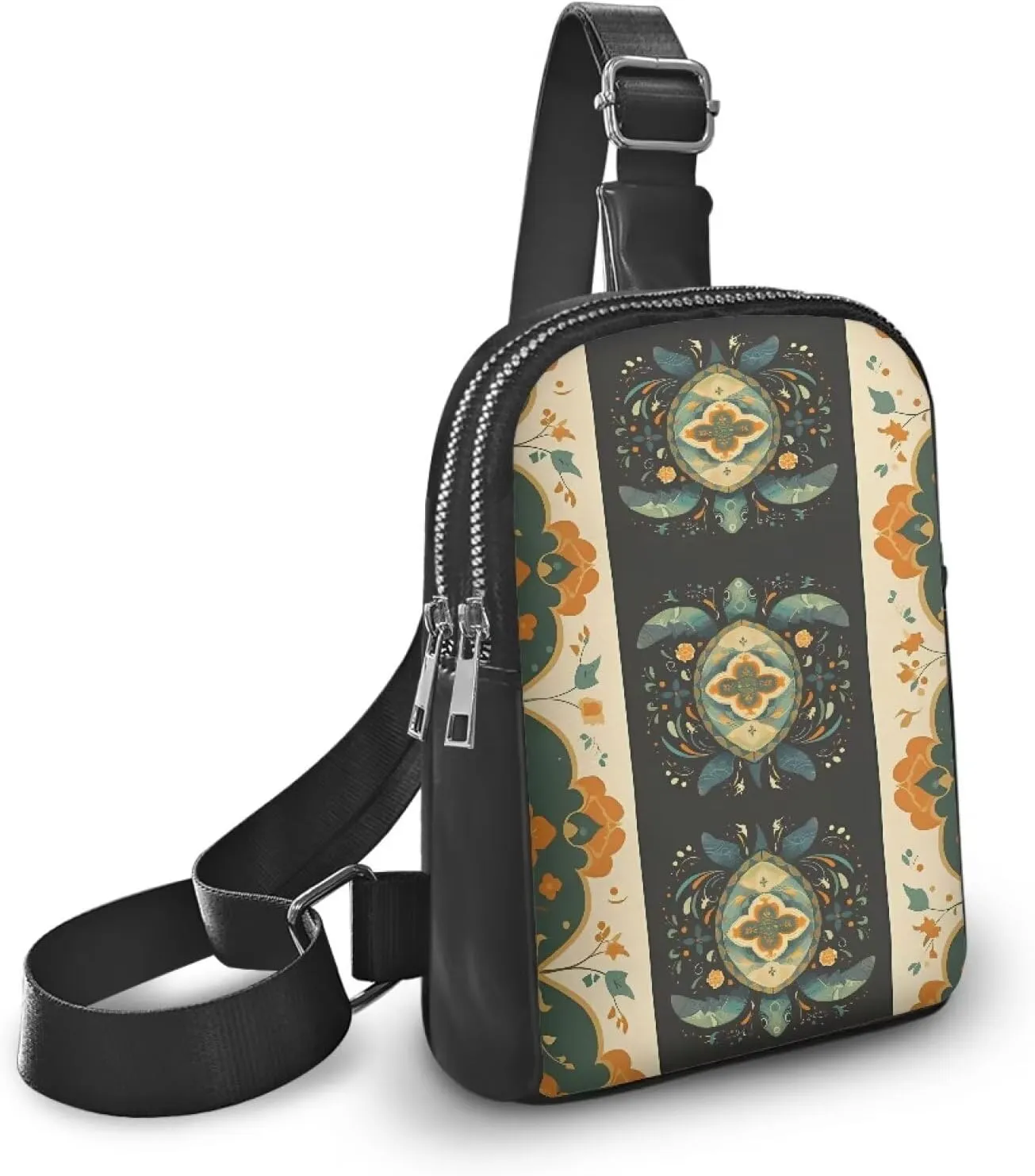 Boho Ethnic Turtle Sling Backpack Hiking Daypack Cross Body Chest Bag, Exotic Sea Turtles Floral Shoulder Bag Fanny Packs Sling Purse for Women