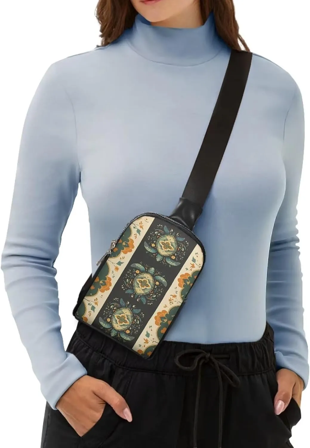 Boho Ethnic Turtle Sling Backpack Hiking Daypack Cross Body Chest Bag, Exotic Sea Turtles Floral Shoulder Bag Fanny Packs Sling Purse for Women