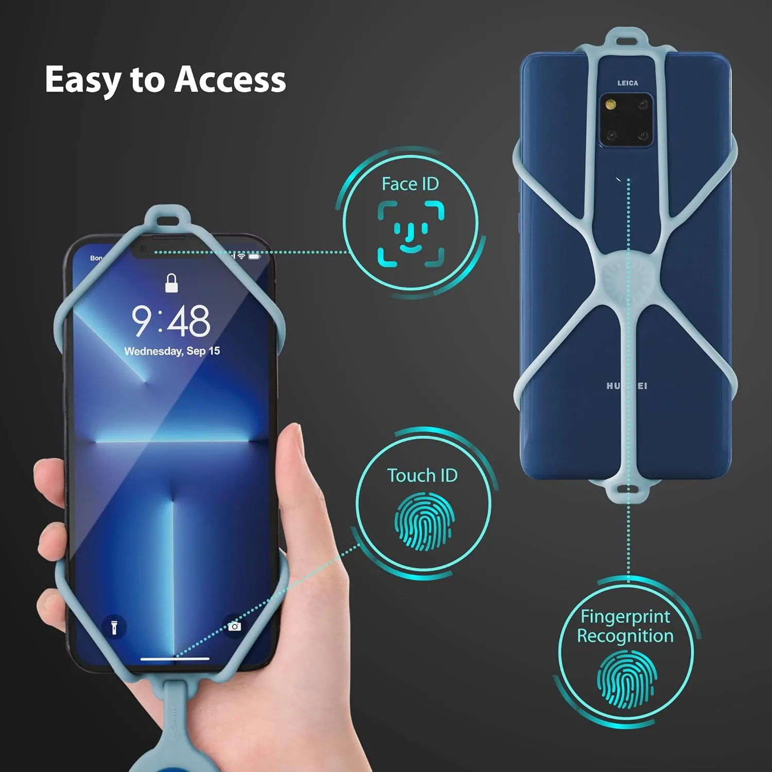BONE Crossbody Phone Tie 3, Cell Phone Strap with Card Slot & Pocket, Adjustable Silicone Lanyard, Universal Shoulder Phone Holder Compatible with Most Smartphones (Morandi Blue - Card Holder)