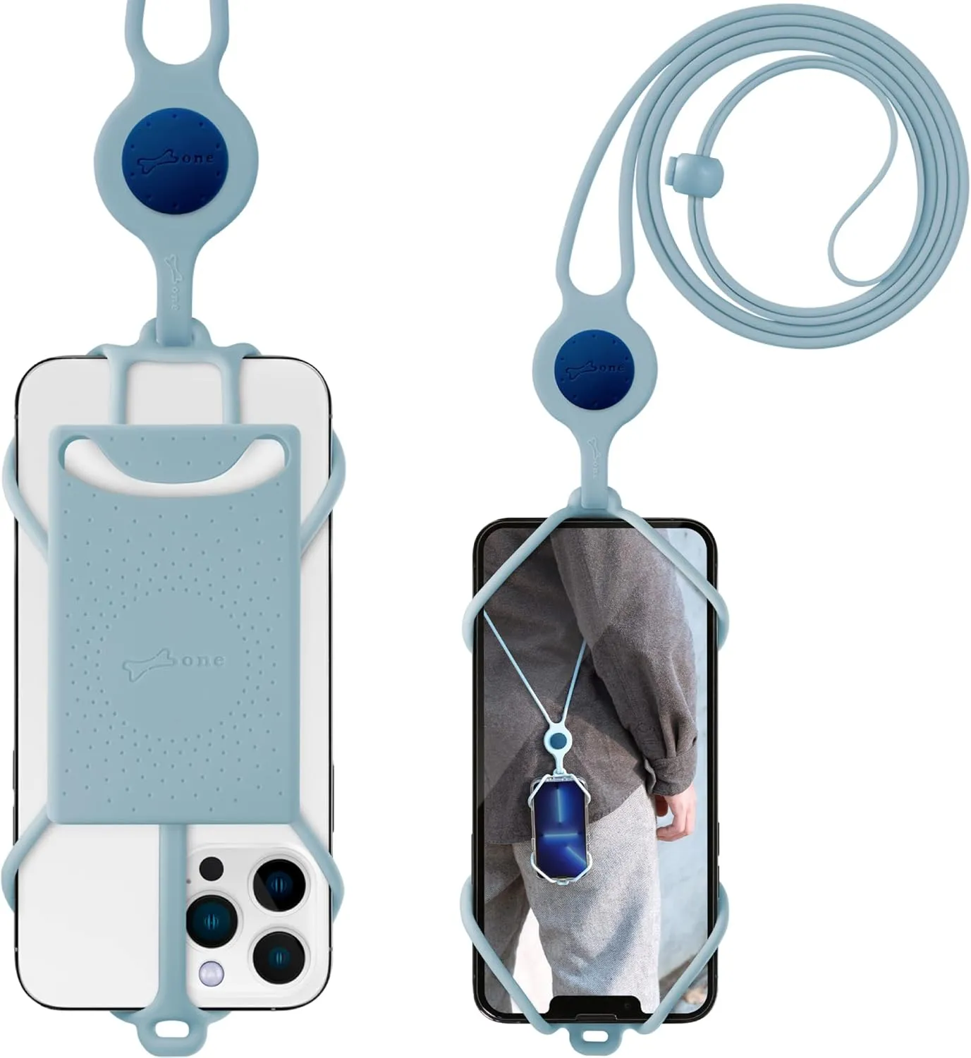 BONE Crossbody Phone Tie 3, Cell Phone Strap with Card Slot & Pocket, Adjustable Silicone Lanyard, Universal Shoulder Phone Holder Compatible with Most Smartphones (Morandi Blue - Card Holder)