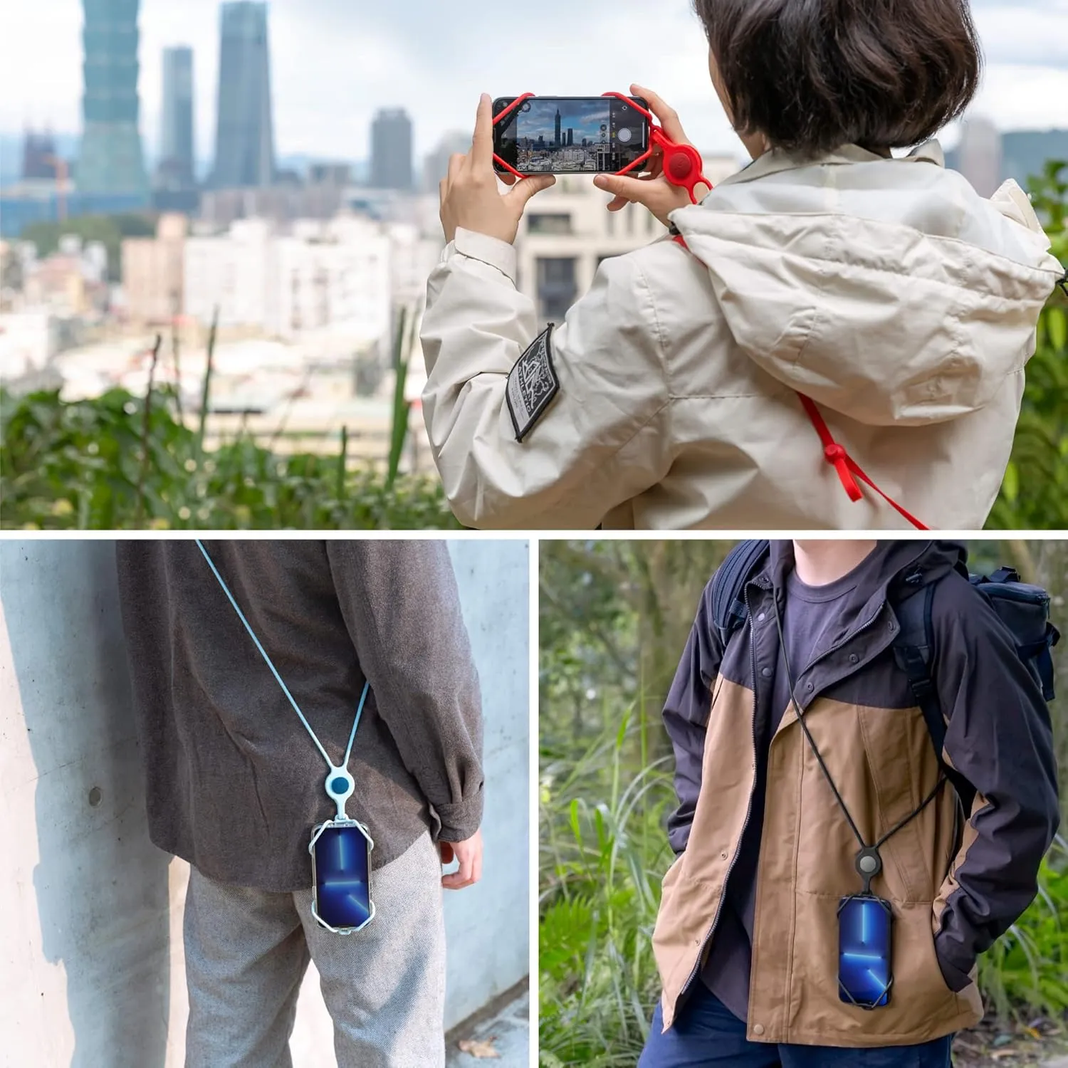 BONE Crossbody Phone Tie 3, Cell Phone Strap with Card Slot & Pocket, Adjustable Silicone Lanyard, Universal Shoulder Phone Holder Compatible with Most Smartphones (Morandi Blue - Card Holder)