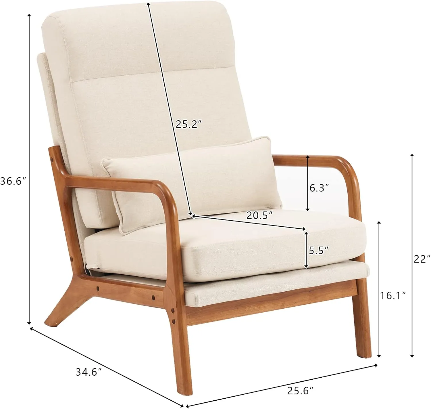 Bonnlo High Back Linen Beige Mid Century Modern Accent Chair, Soild Wood Padding Lounge Armchairs Side Sitting Chairs for Living Room, Bedroom, Guest Room