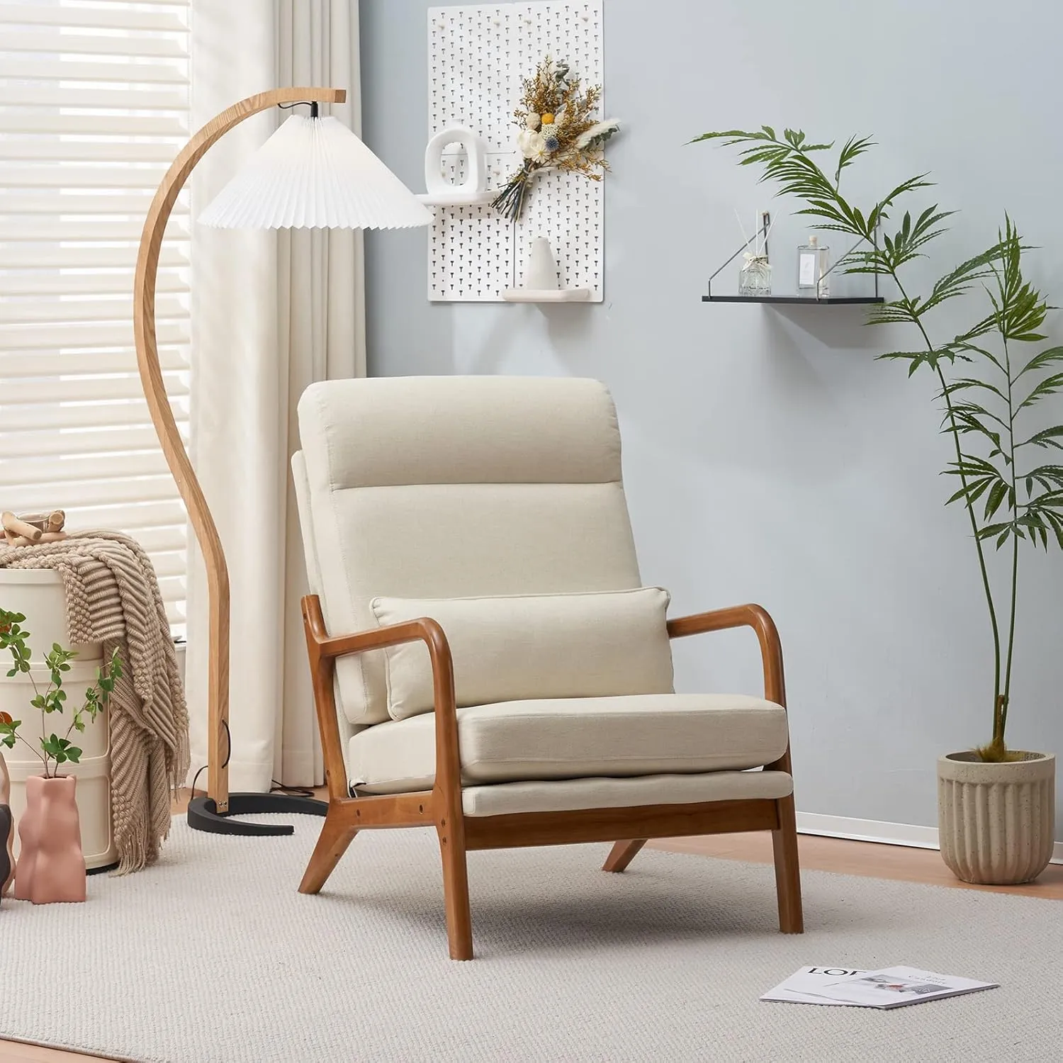 Bonnlo High Back Linen Beige Mid Century Modern Accent Chair, Soild Wood Padding Lounge Armchairs Side Sitting Chairs for Living Room, Bedroom, Guest Room