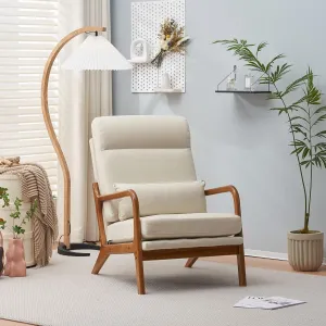 Bonnlo High Back Linen Beige Mid Century Modern Accent Chair, Soild Wood Padding Lounge Armchairs Side Sitting Chairs for Living Room, Bedroom, Guest Room