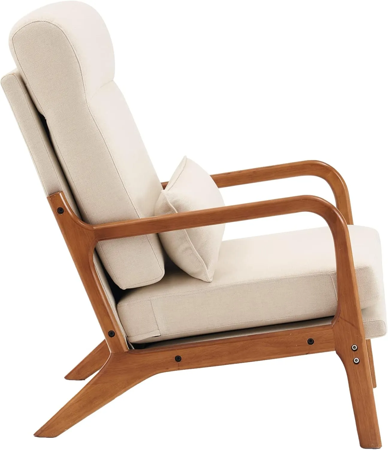 Bonnlo High Back Linen Beige Mid Century Modern Accent Chair, Soild Wood Padding Lounge Armchairs Side Sitting Chairs for Living Room, Bedroom, Guest Room