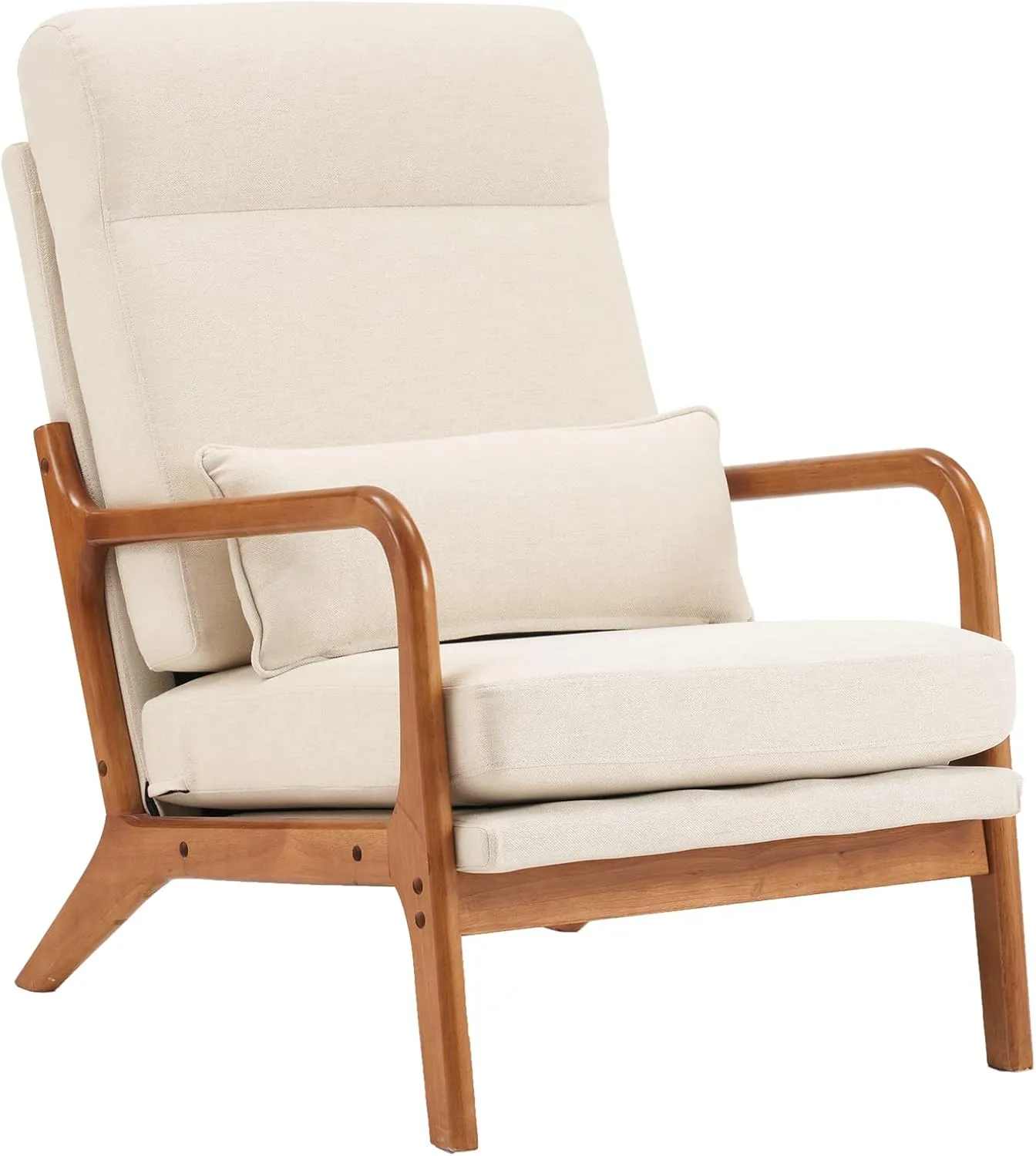 Bonnlo High Back Linen Beige Mid Century Modern Accent Chair, Soild Wood Padding Lounge Armchairs Side Sitting Chairs for Living Room, Bedroom, Guest Room