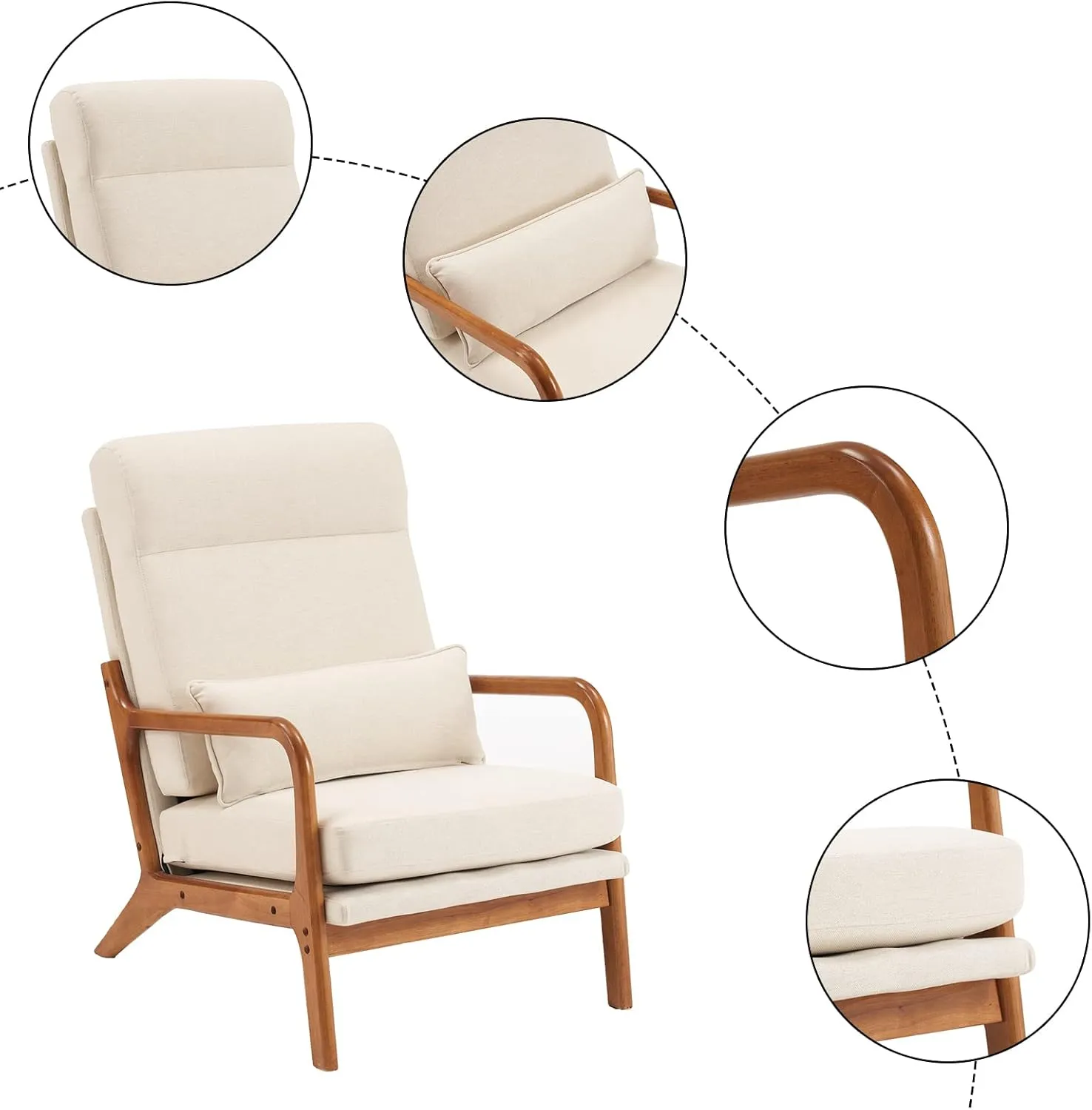 Bonnlo High Back Linen Beige Mid Century Modern Accent Chair, Soild Wood Padding Lounge Armchairs Side Sitting Chairs for Living Room, Bedroom, Guest Room