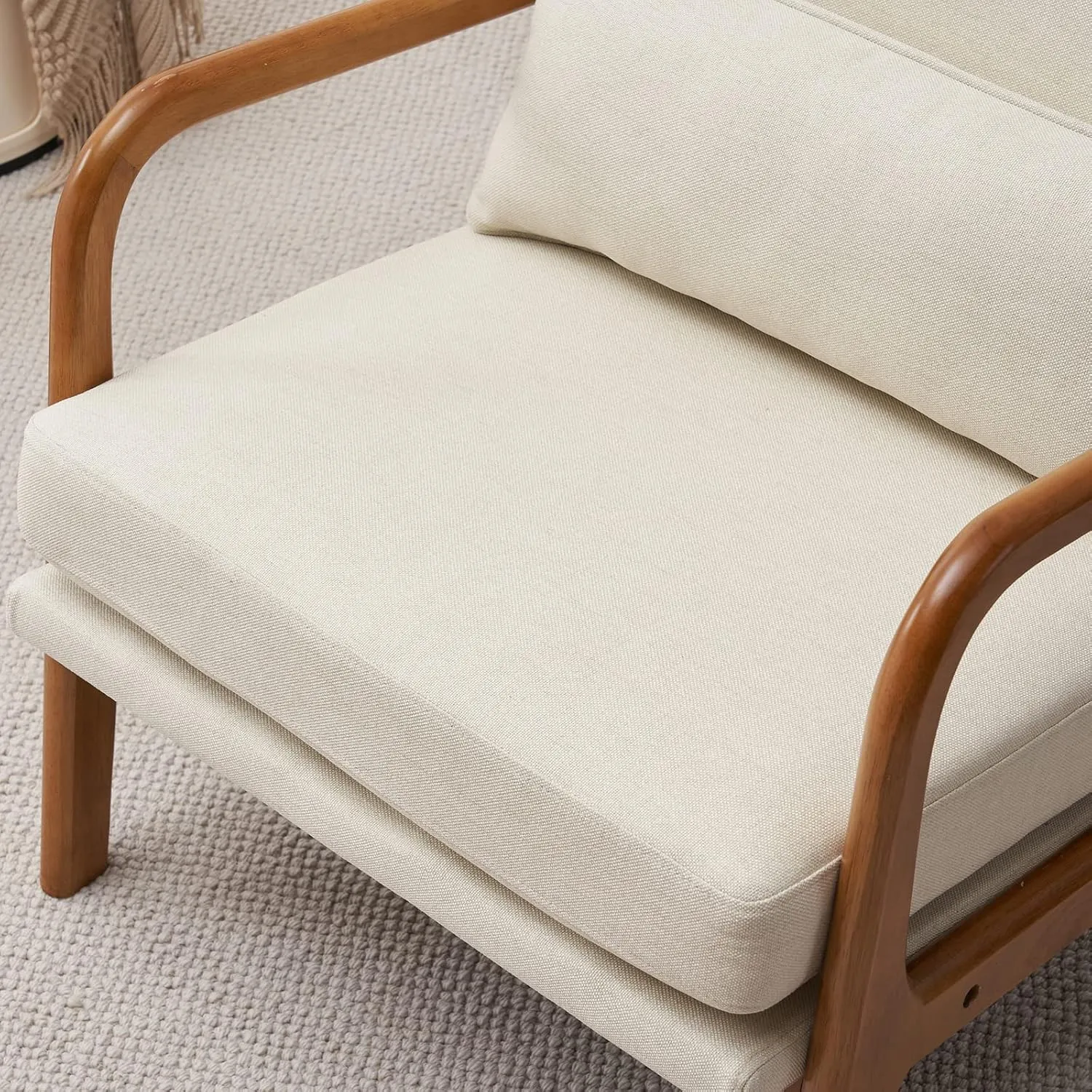 Bonnlo High Back Linen Beige Mid Century Modern Accent Chair, Soild Wood Padding Lounge Armchairs Side Sitting Chairs for Living Room, Bedroom, Guest Room