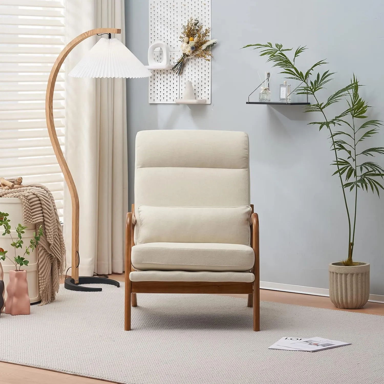Bonnlo High Back Linen Beige Mid Century Modern Accent Chair, Soild Wood Padding Lounge Armchairs Side Sitting Chairs for Living Room, Bedroom, Guest Room