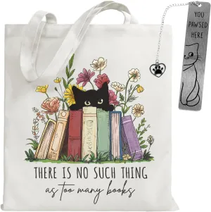 Book Canvas Tote Bag with Cat Bookmark for Women Cat Lover, Reading Themed Cotton Tote Bag for Shopping Grocery, Women Christmas Thanksgiving Birthday Gifts, There Is No Such Thing As Too Many Books